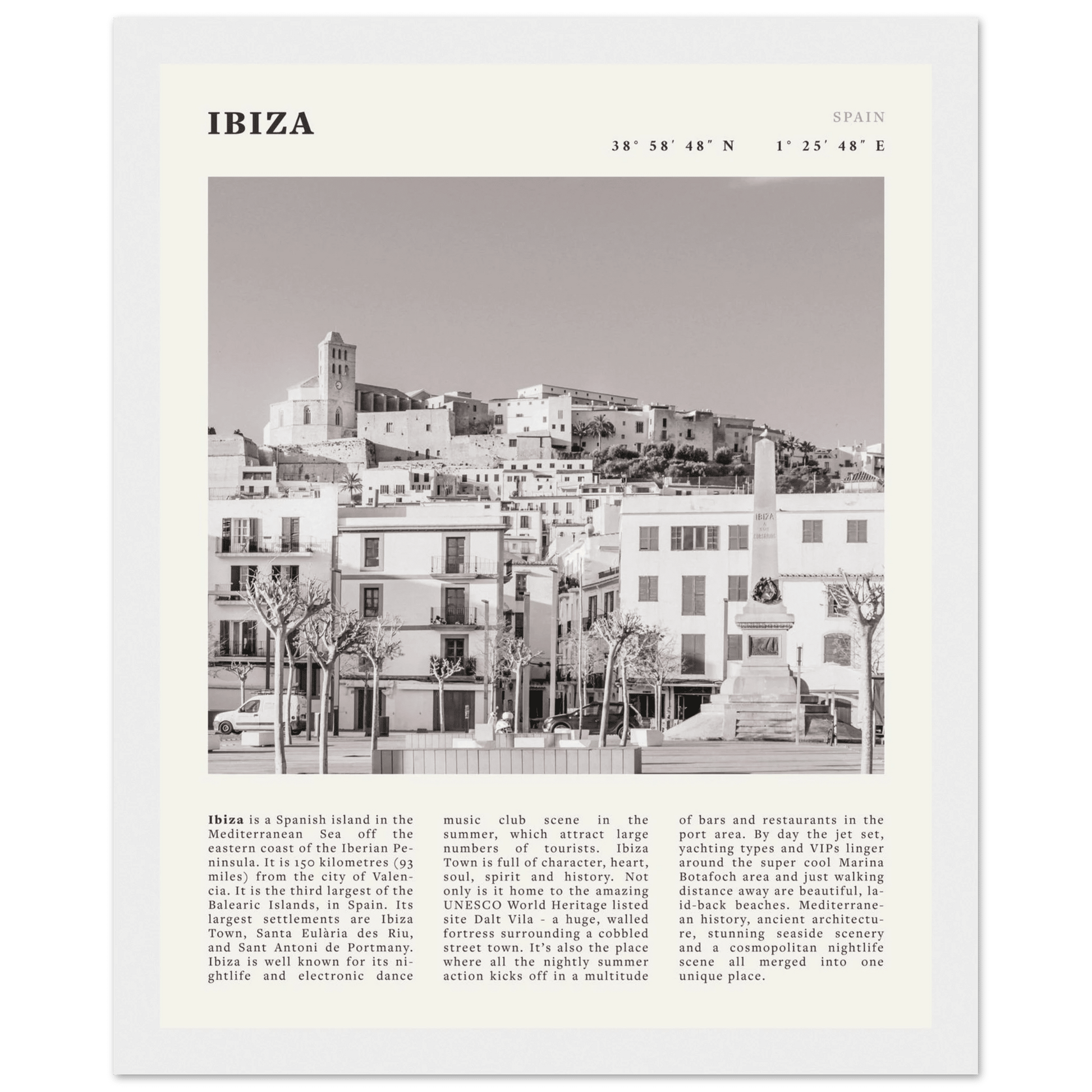 Ibiza Poster | Black & White Spanish Island Wall Art | Spain Travel Print - Evergreen Posters