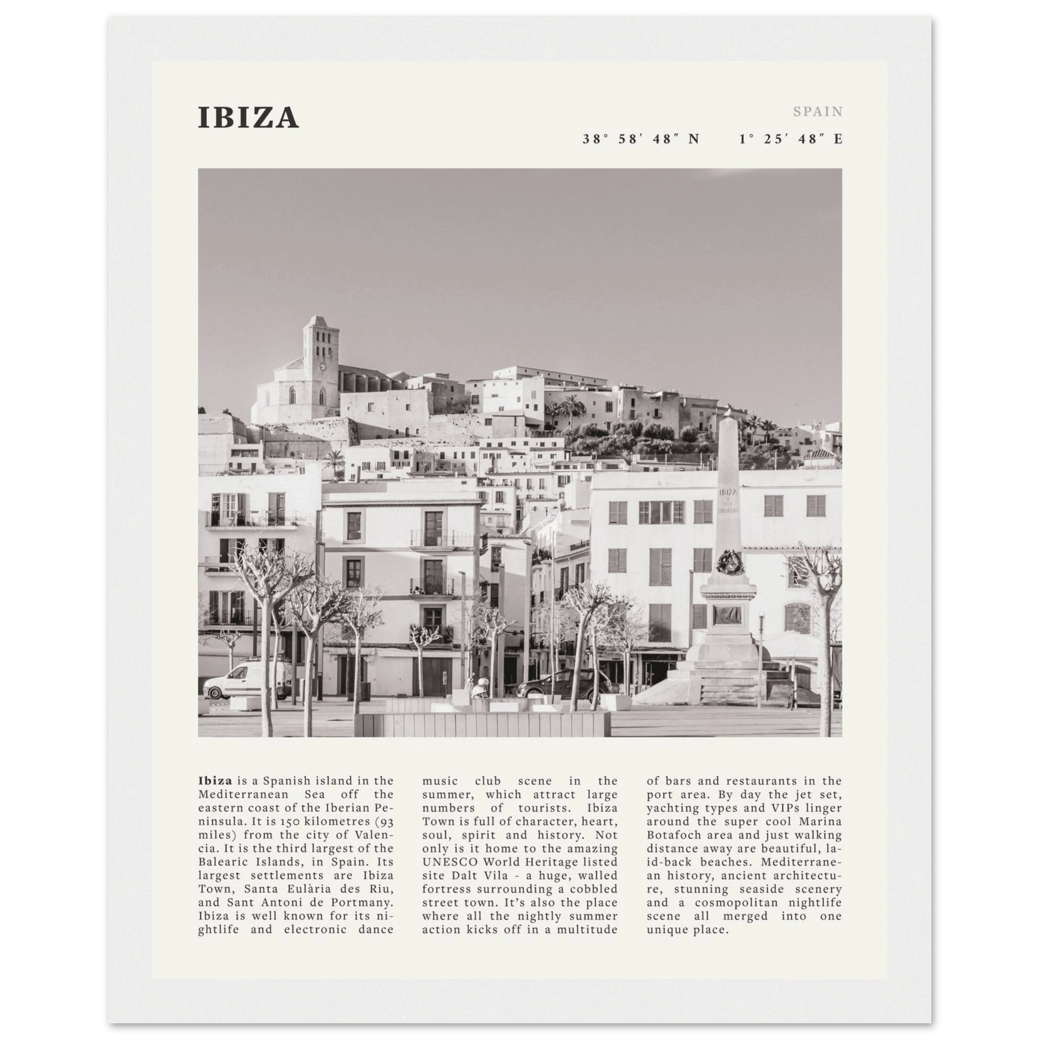 Ibiza Poster | Black & White Spanish Island Wall Art | Spain Travel Print - Evergreen Posters