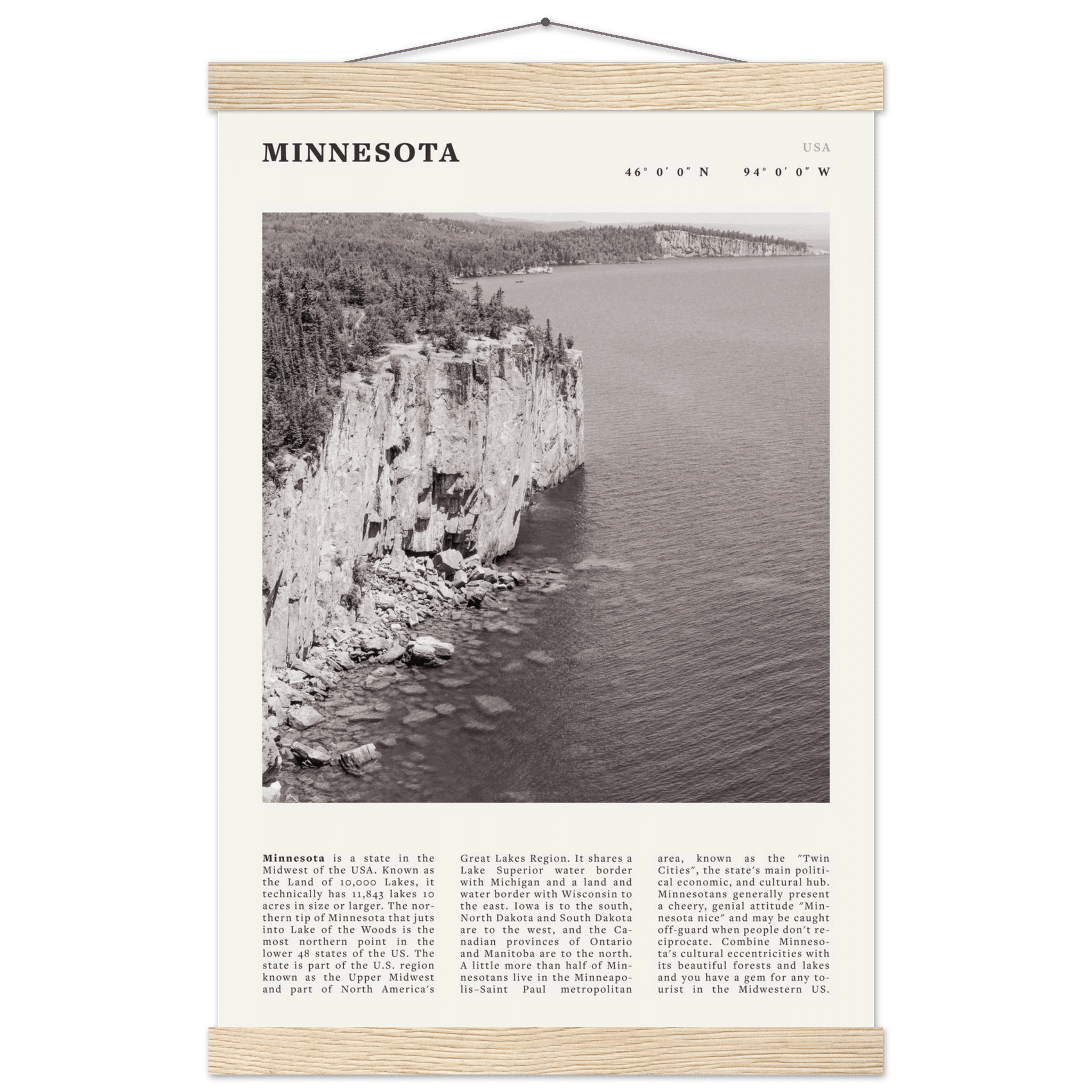 Minnesota Poster | Black & White Lake Superior Wall Art | USA Nature Travel Print - Evergreen Posters