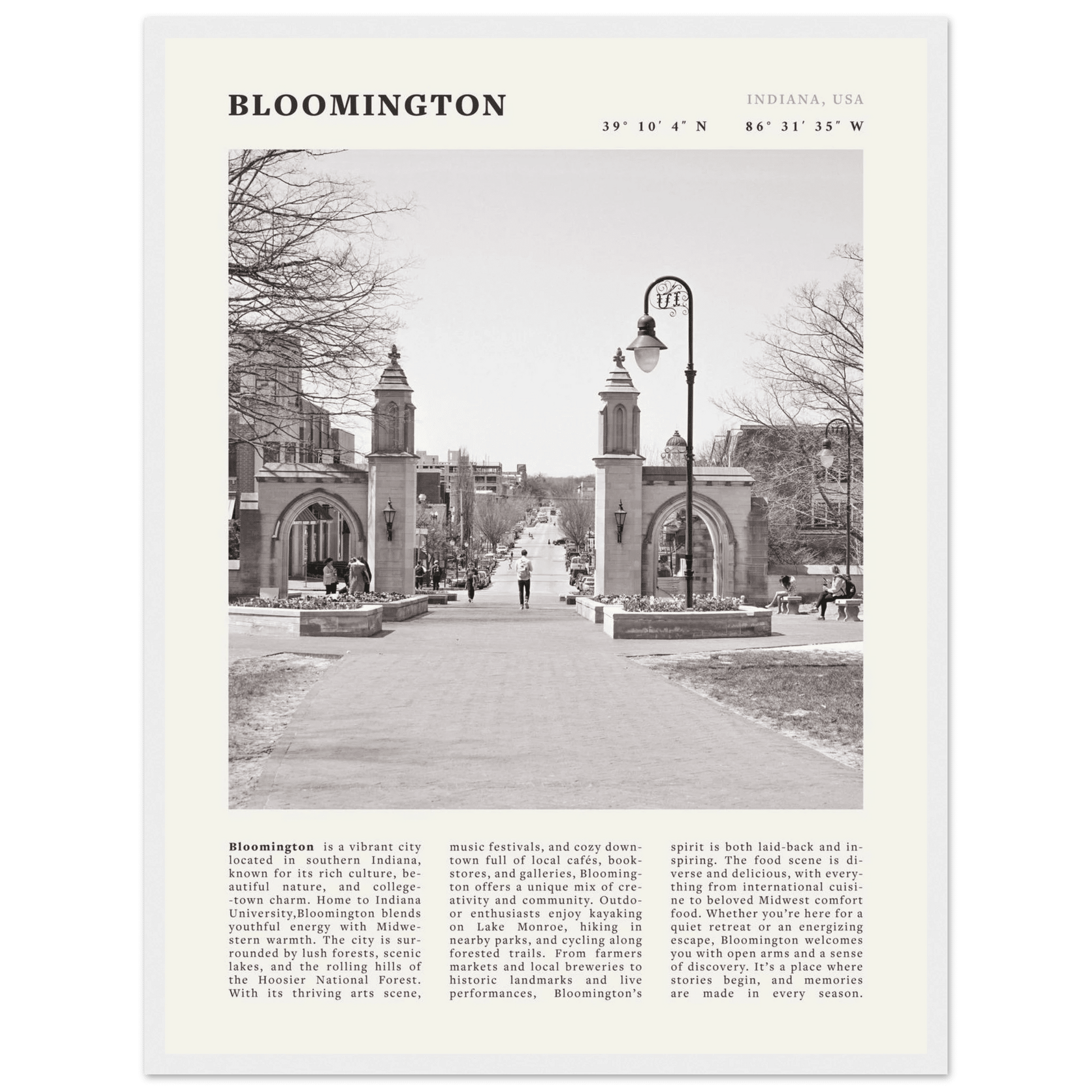 Bloomington Indiana Black and White Vintage Poster - Evergreen Posters