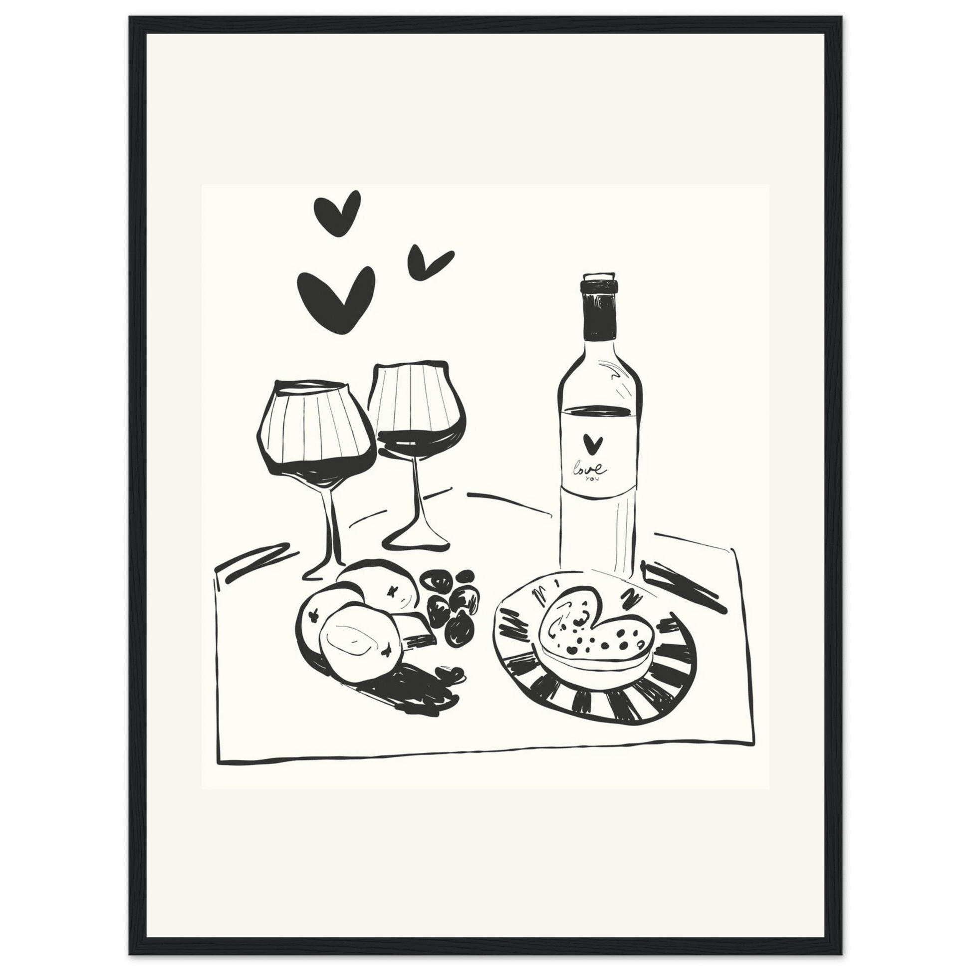 Wine for Two Print | Black Line Art Romantic Kitchen Wall Art | Couples Poster - Evergreen Posters