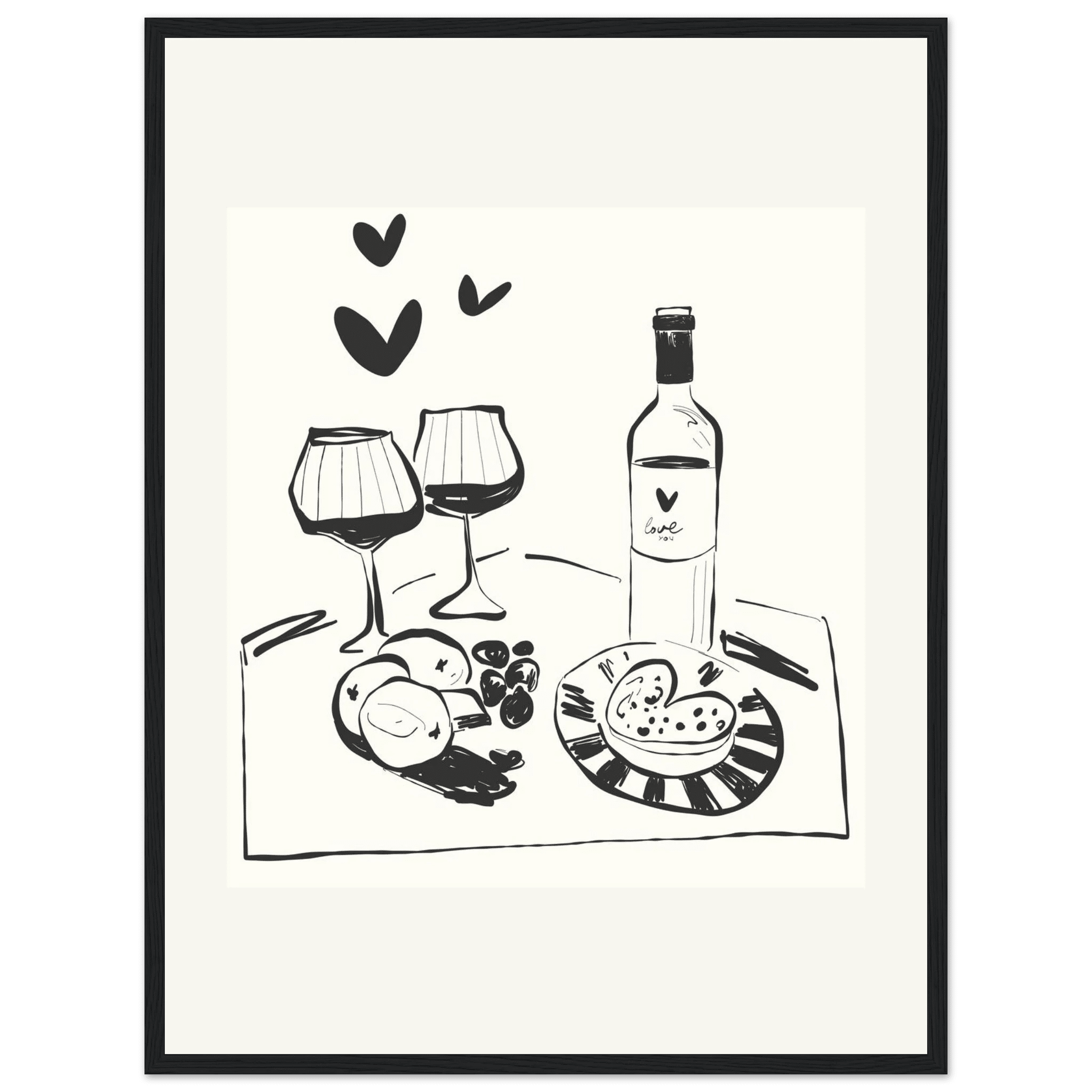Wine for Two Print | Black Line Art Romantic Kitchen Wall Art | Couples Poster - Evergreen Posters