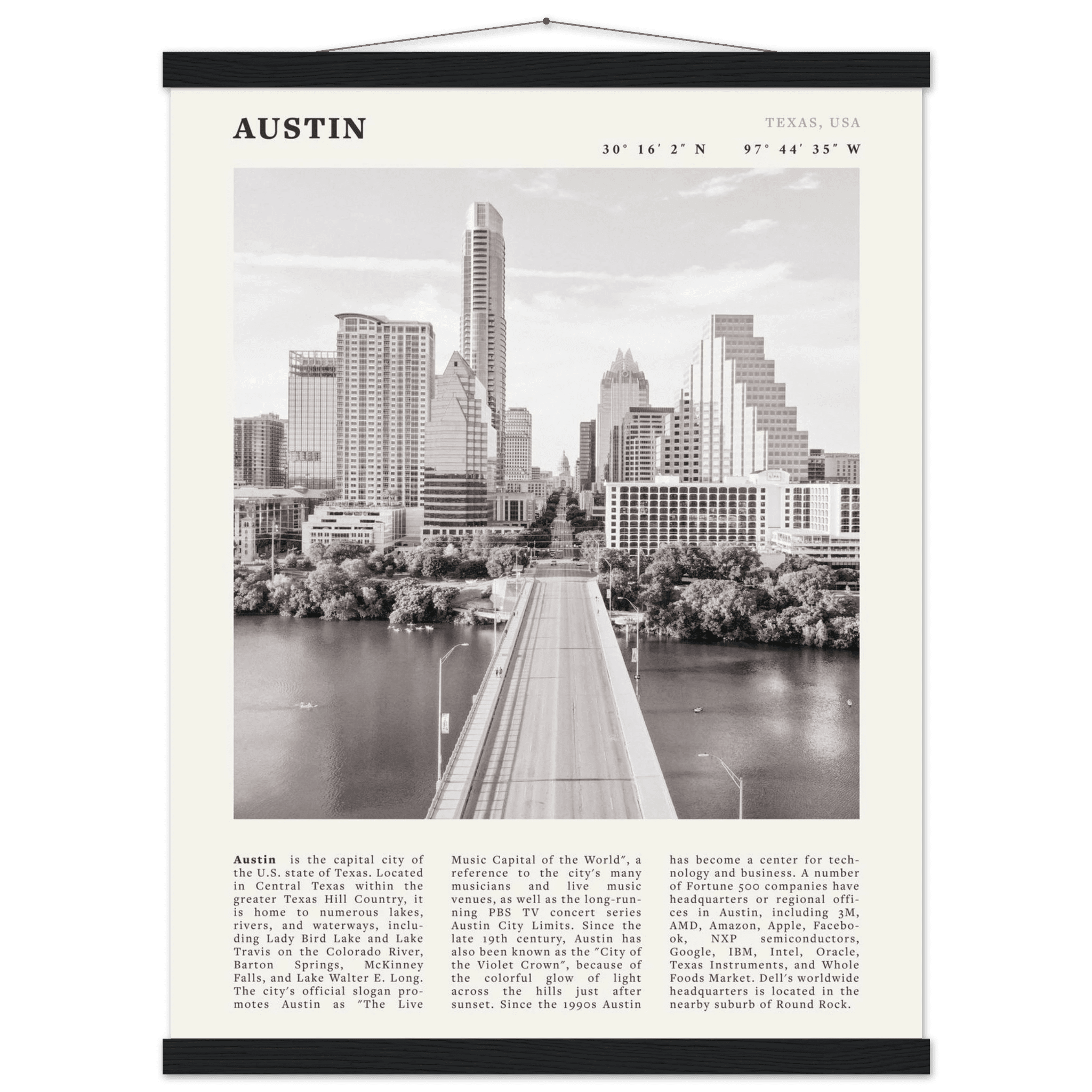 Austin Poster | Black & White Texas Skyline Wall Art | City Travel Print Decor - Evergreen Posters