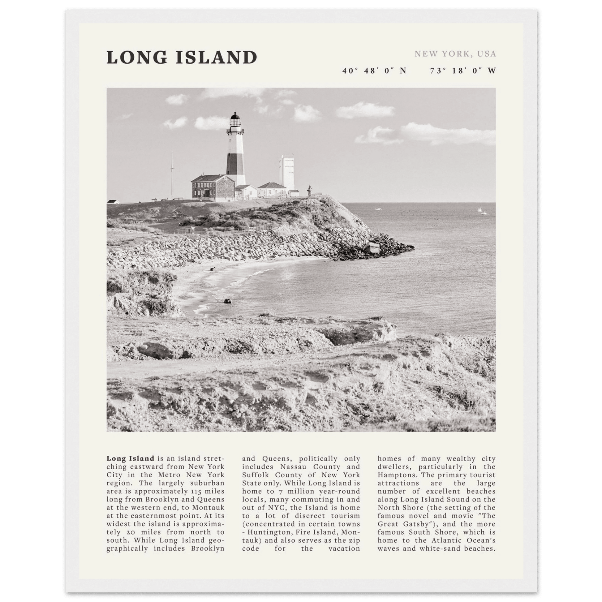 Long Island Poster | Black & White Montauk Lighthouse Wall Art | New York Print - Evergreen Posters