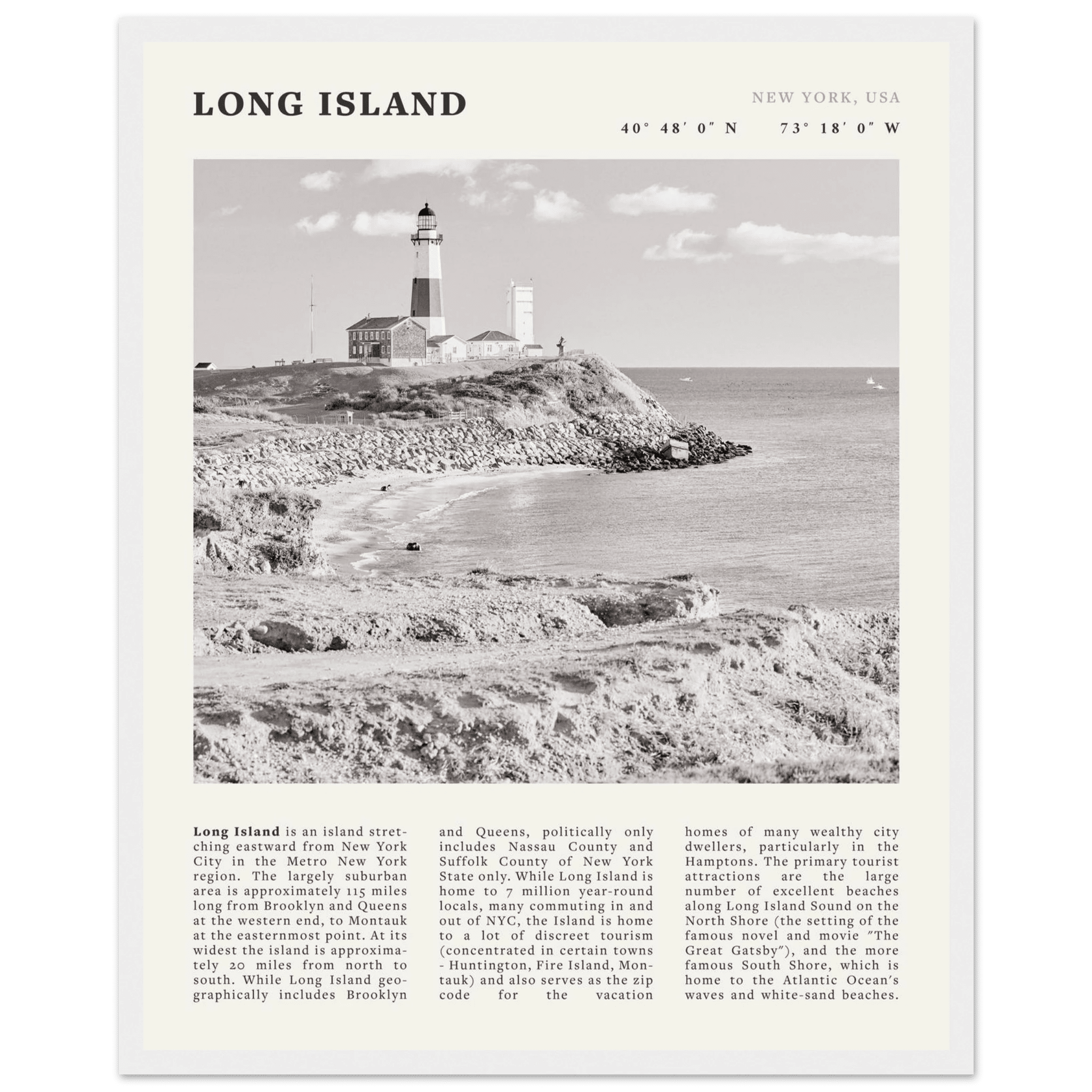 Long Island Poster | Black & White Montauk Lighthouse Wall Art | New York Print - Evergreen Posters