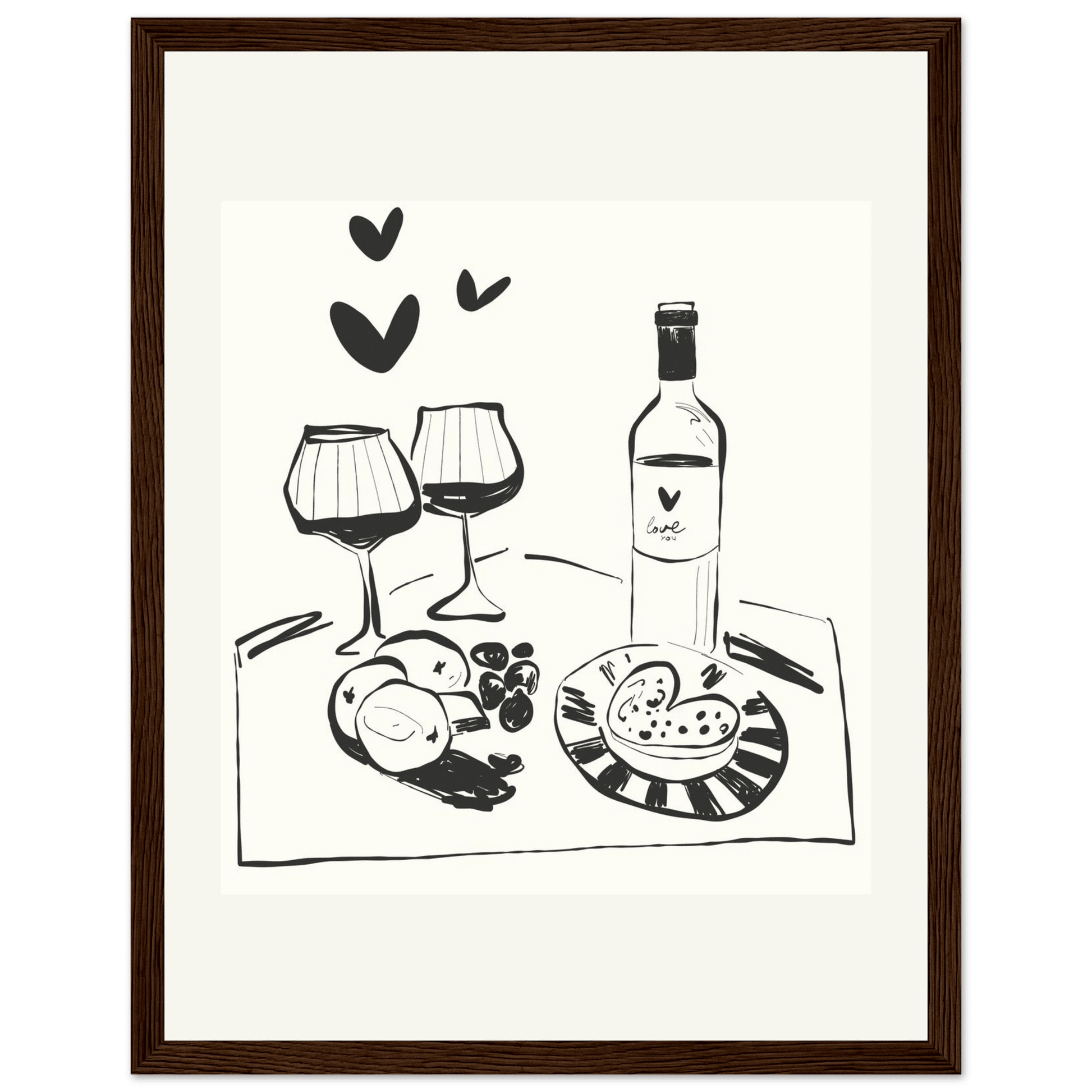 Wine for Two Print | Black Line Art Romantic Kitchen Wall Art | Couples Poster - Evergreen Posters