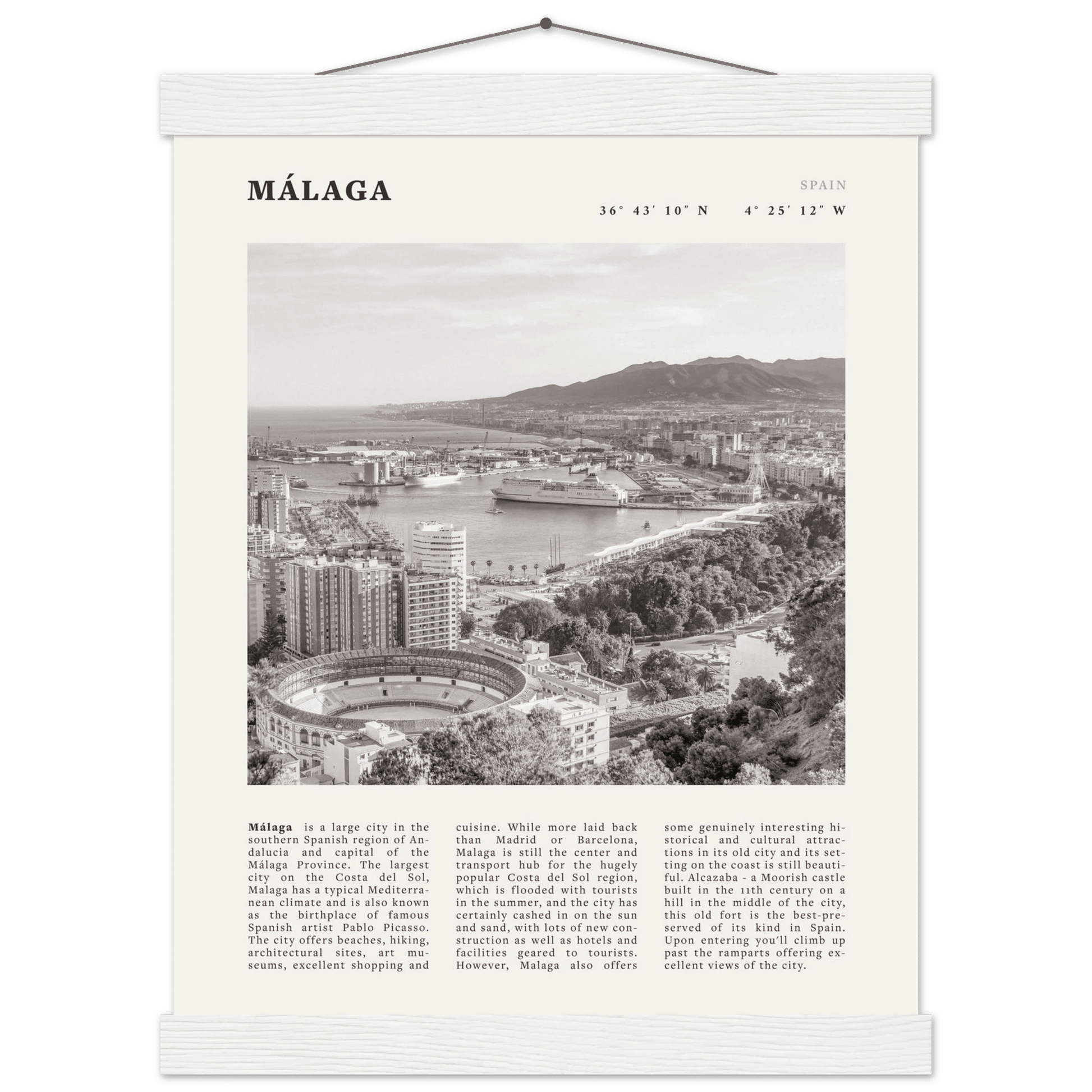 Málaga Poster | Black & White Costa del Sol Wall Art | Spain Travel Print - Evergreen Posters