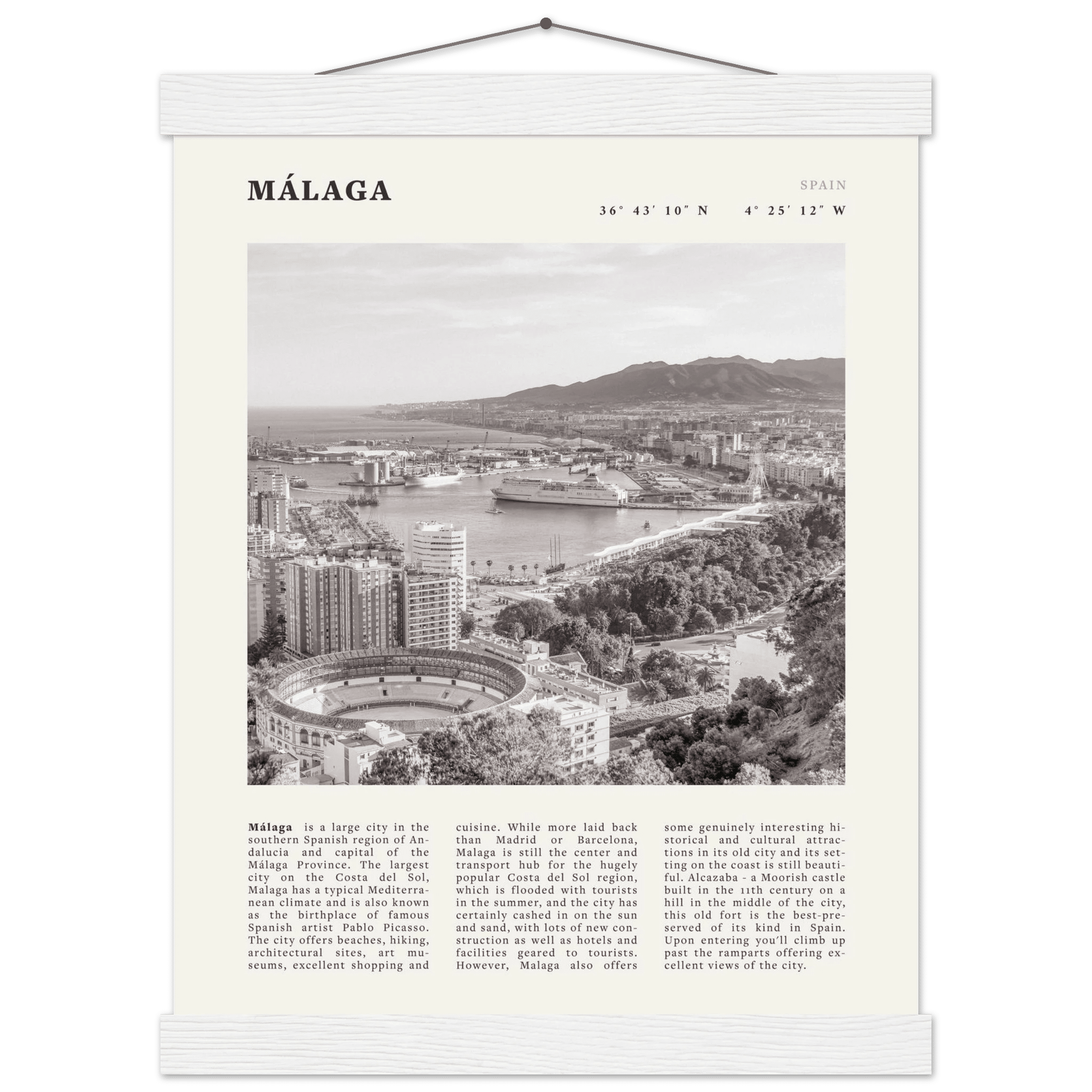 Málaga Poster | Black & White Costa del Sol Wall Art | Spain Travel Print - Evergreen Posters