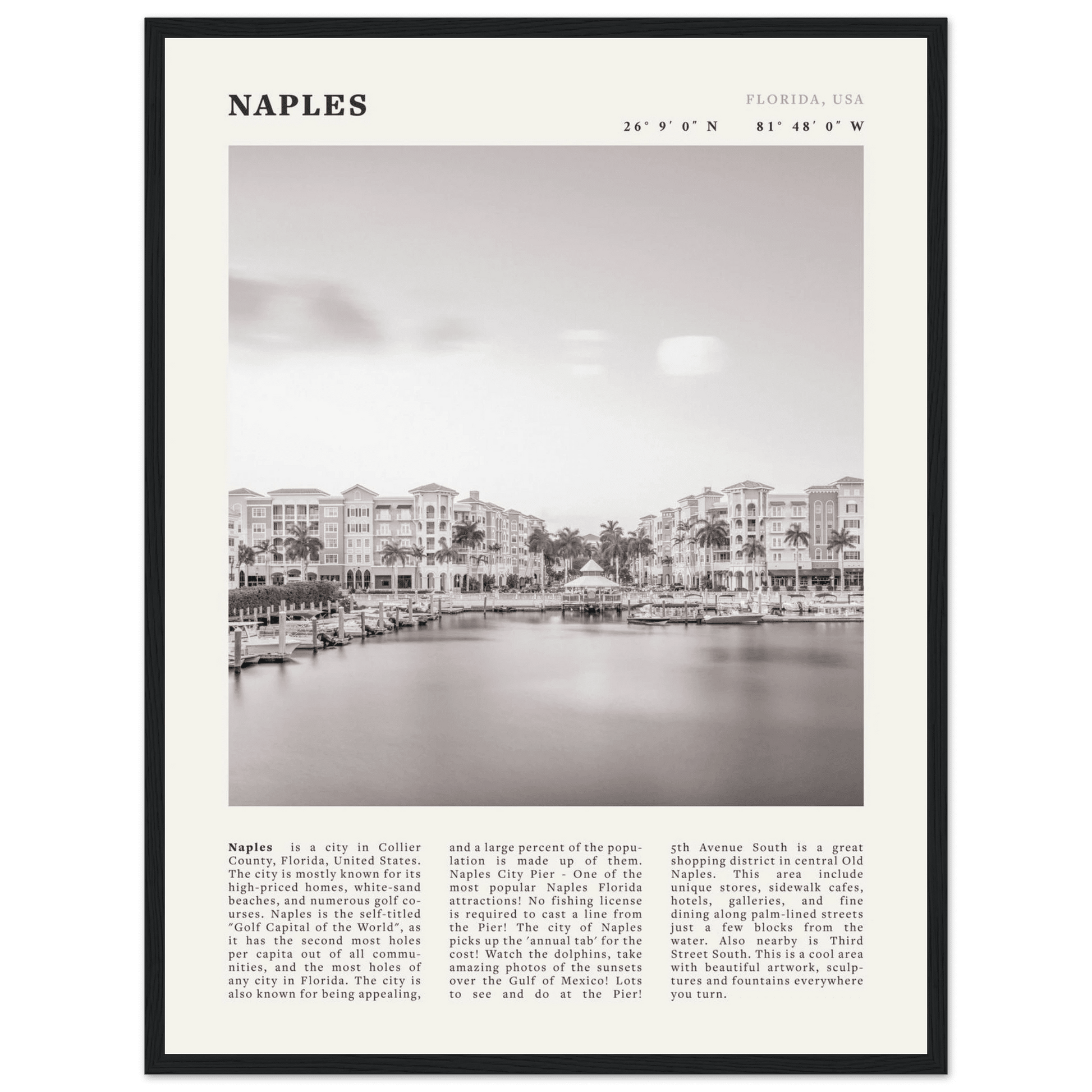 Naples Florida Poster | Black & White Gulf Coast Wall Art | FL Travel Print - Evergreen Posters