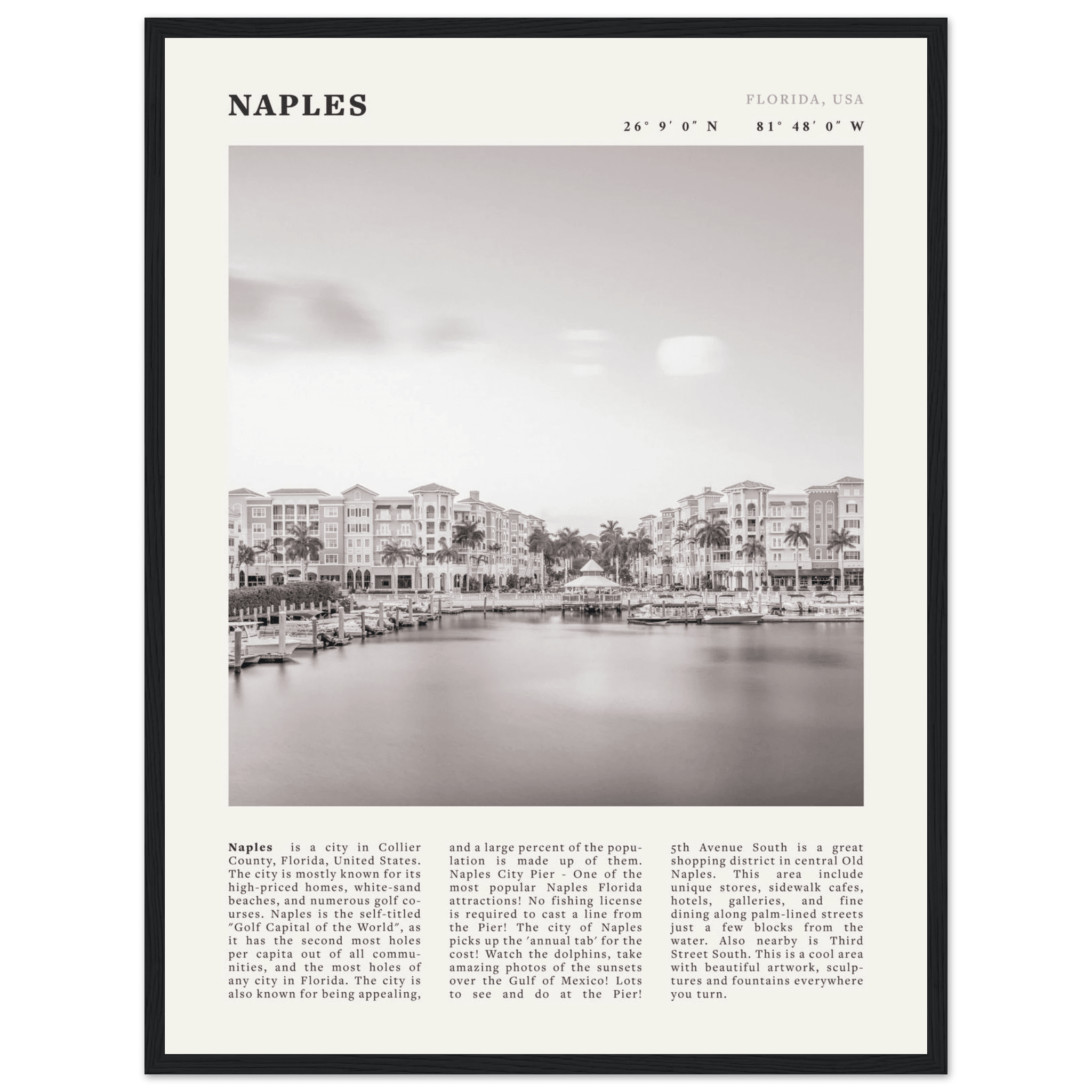 Naples Florida Poster | Black & White Gulf Coast Wall Art | FL Travel Print - Evergreen Posters