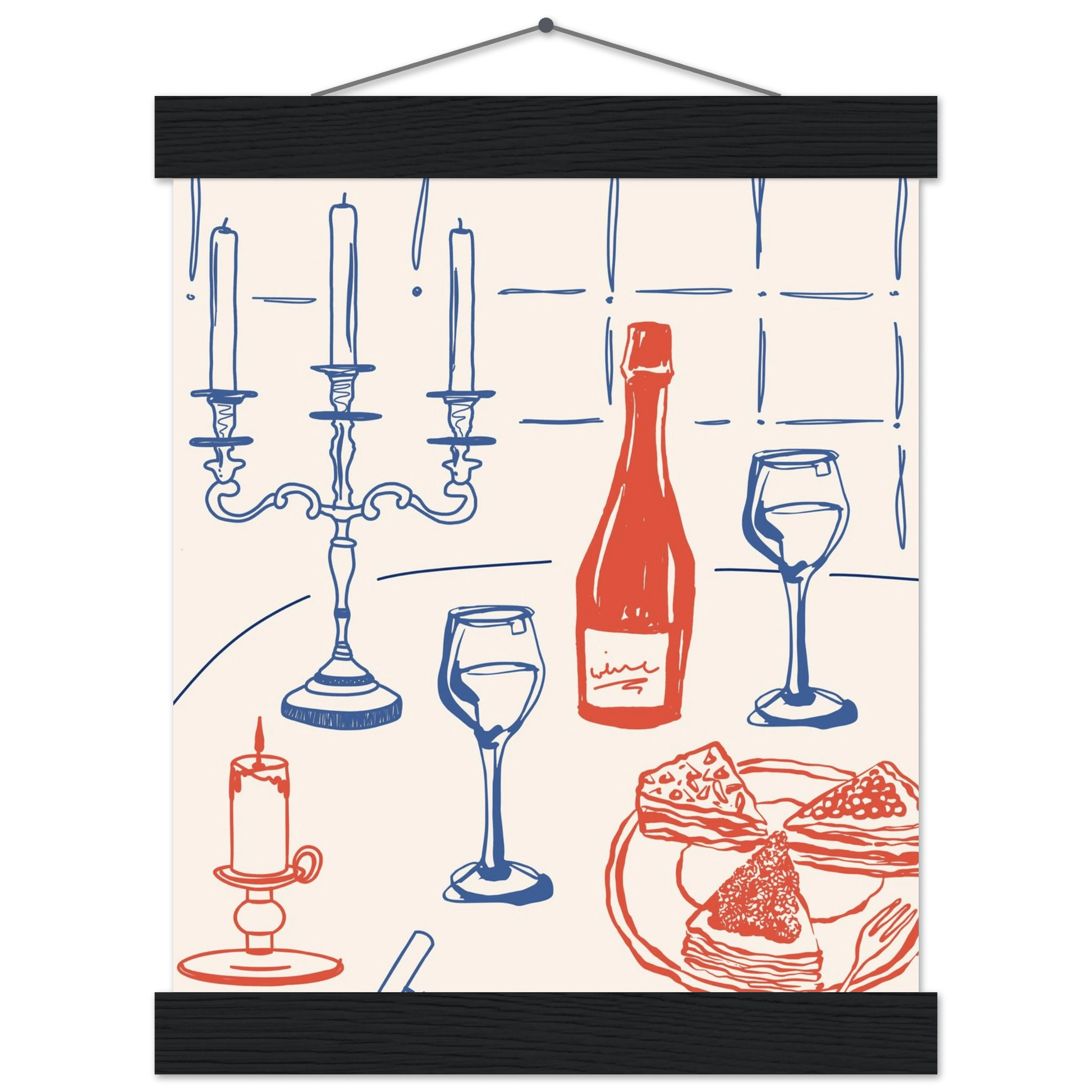 Candlelight Dinner Print | Wine & Candelabra Line Art Wall Art | Kitchen Poster - Evergreen Posters