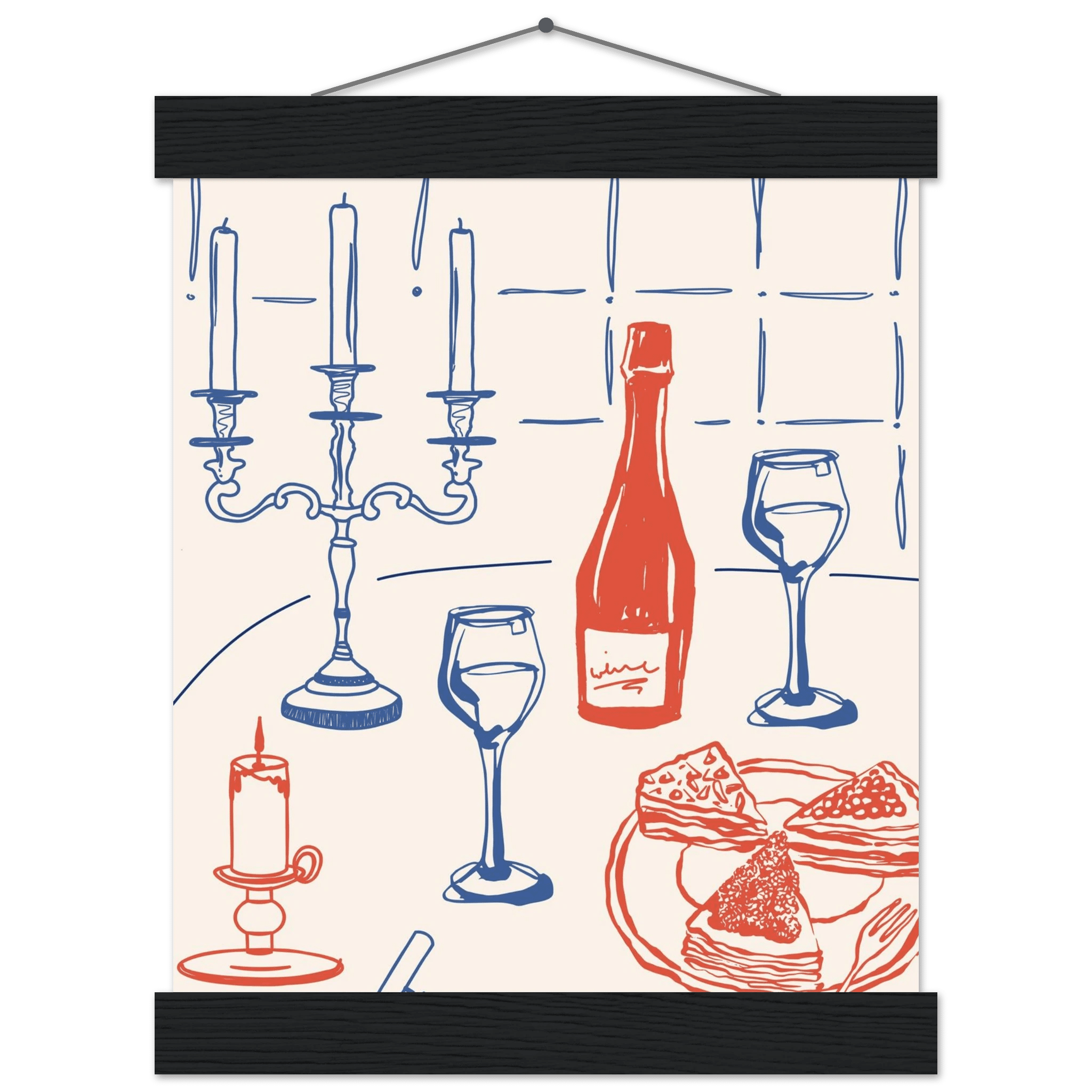 Candlelight Dinner Print | Wine & Candelabra Line Art Wall Art | Kitchen Poster - Evergreen Posters
