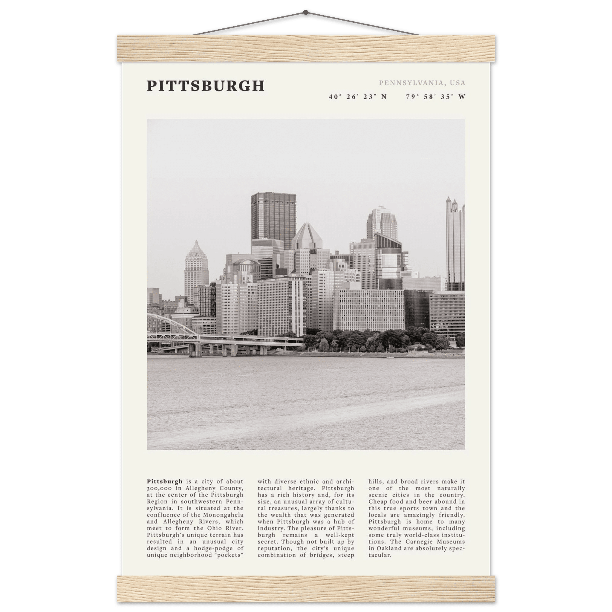 Pittsburgh Poster | Black & White Pennsylvania Skyline Wall Art | PA Travel Print - Evergreen Posters
