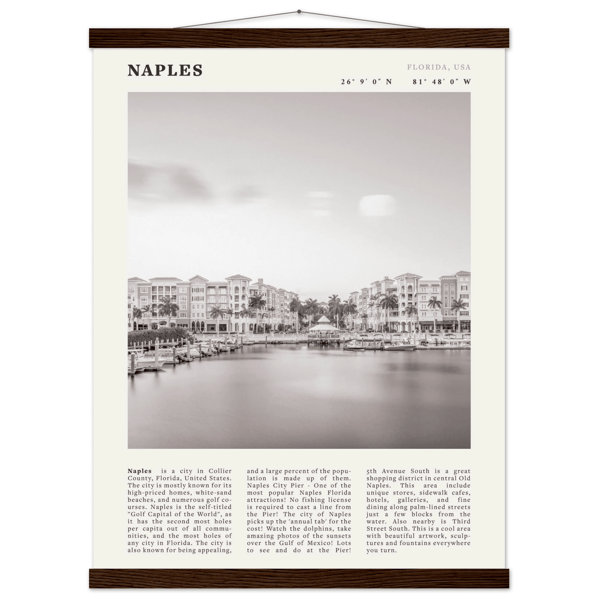 Naples Florida Poster | Black & White Gulf Coast Wall Art | FL Travel Print - Evergreen Posters