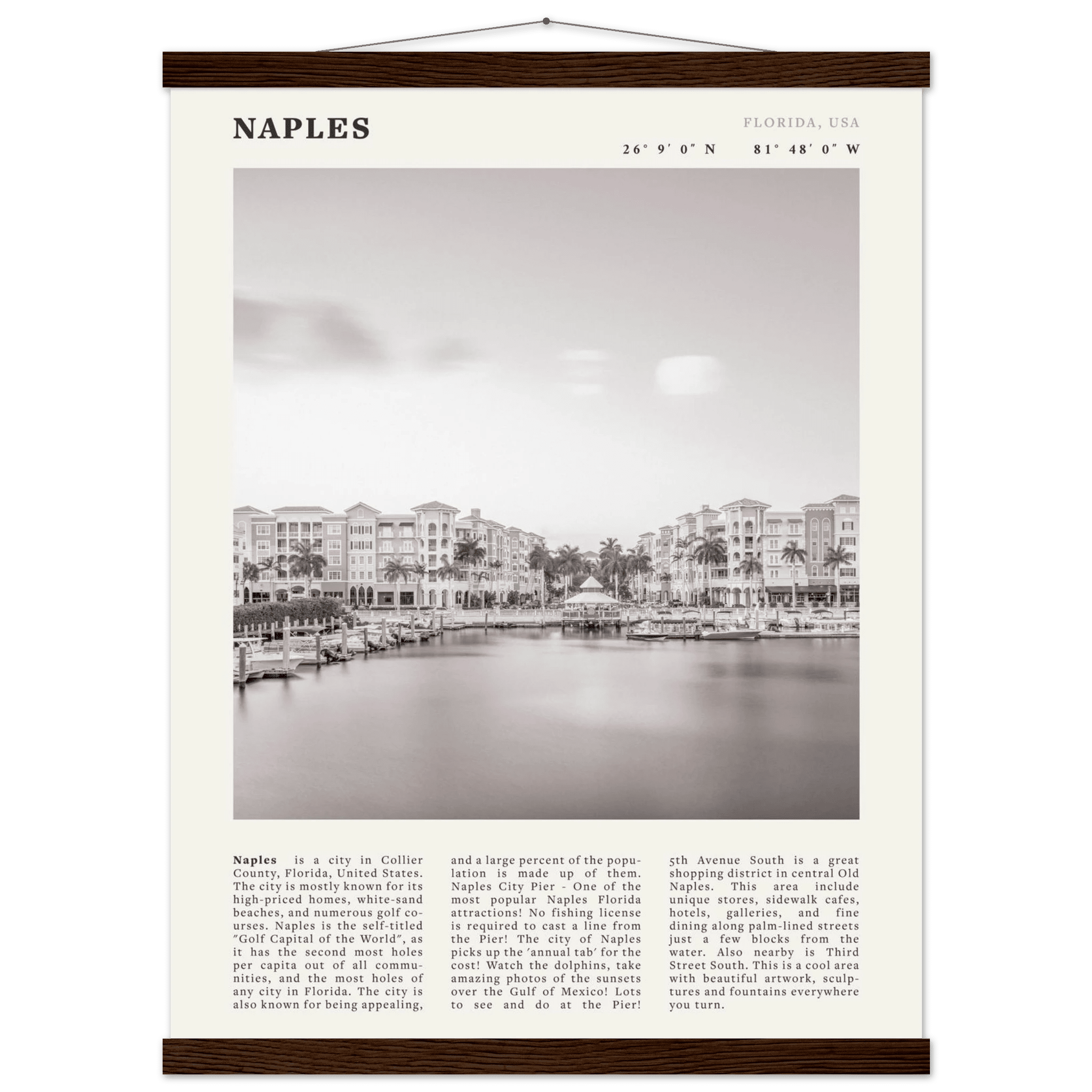 Naples Florida Poster | Black & White Gulf Coast Wall Art | FL Travel Print - Evergreen Posters