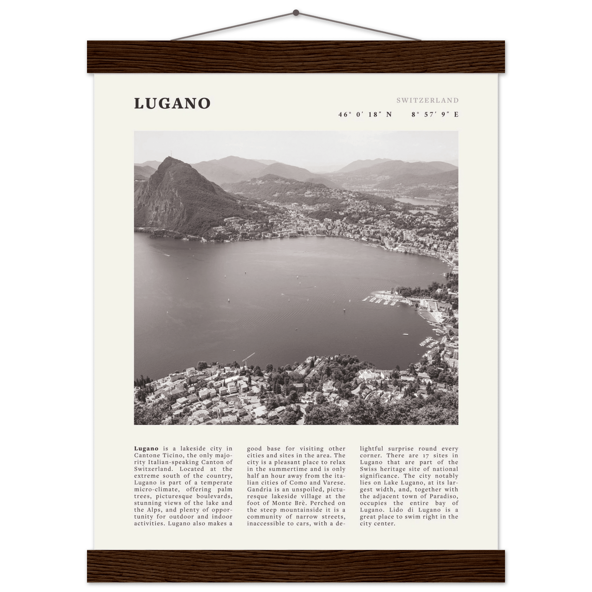 Lugano Poster | Black & White Swiss Lake Wall Art | Switzerland Travel Print - Evergreen Posters