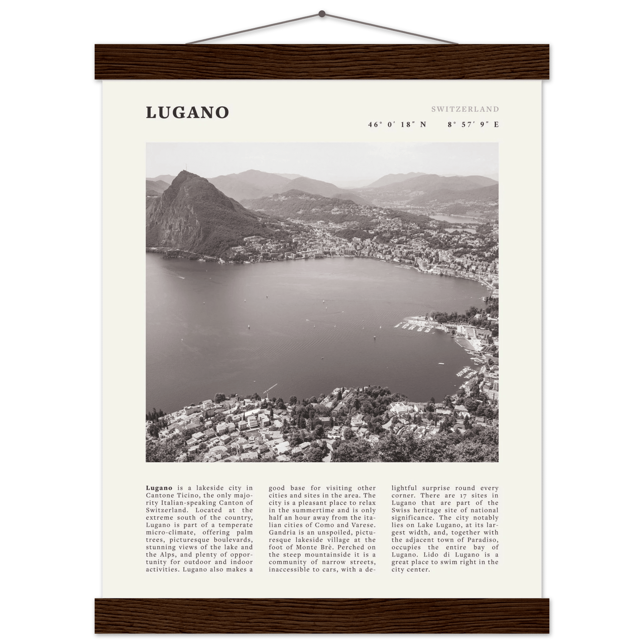 Lugano Poster | Black & White Swiss Lake Wall Art | Switzerland Travel Print - Evergreen Posters