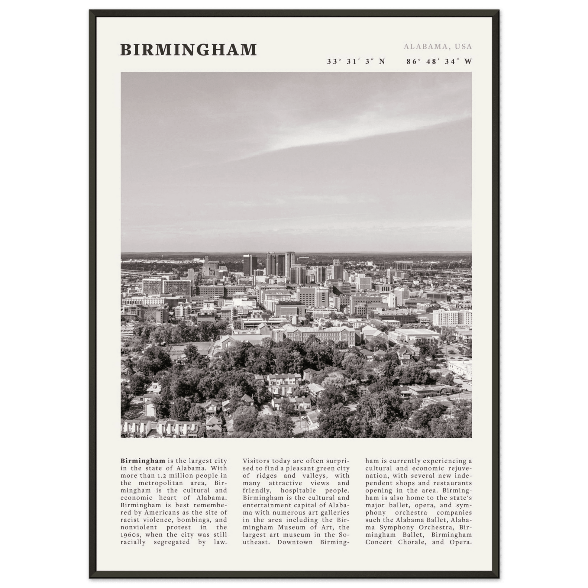 Birmingham Poster | Black & White Alabama Skyline Wall Art | AL Travel Print - Evergreen Posters
