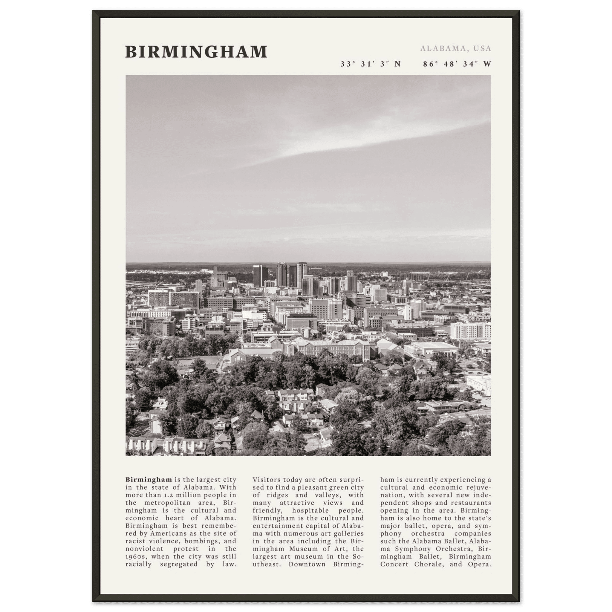 Birmingham Poster | Black & White Alabama Skyline Wall Art | AL Travel Print - Evergreen Posters