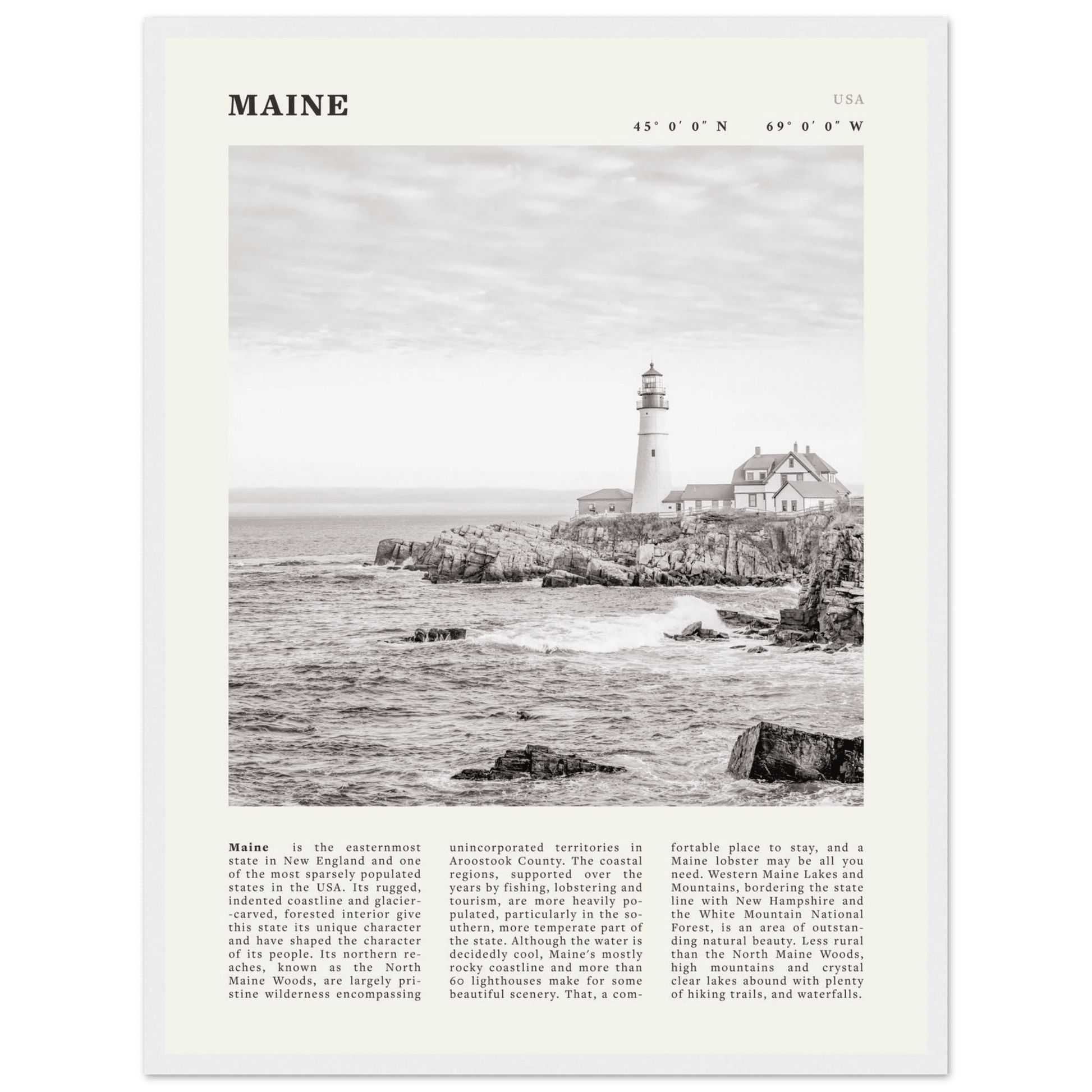 Maine Poster | Black & White Lighthouse Wall Art | New England Coastal Travel Print - Evergreen Posters
