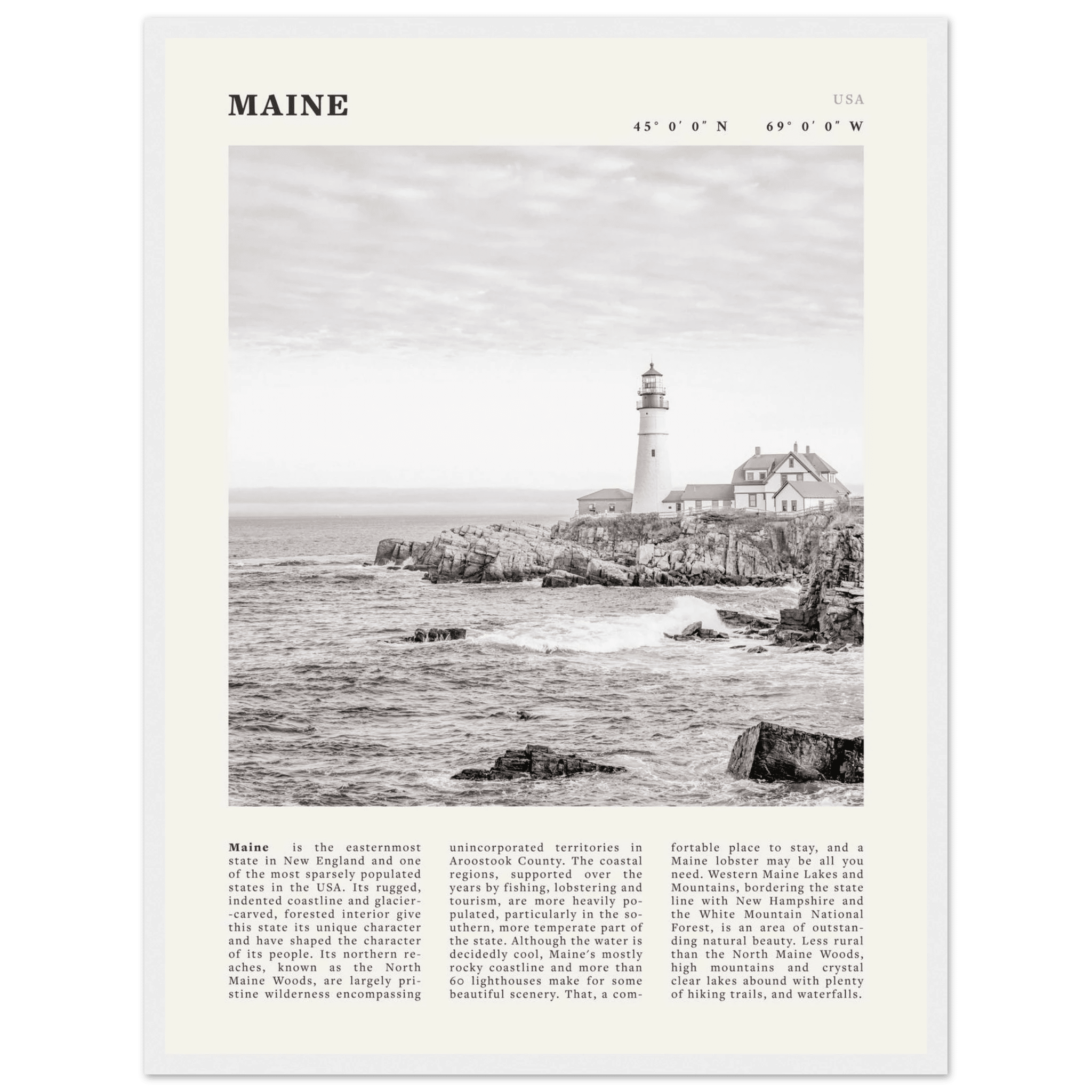 Maine Poster | Black & White Lighthouse Wall Art | New England Coastal Travel Print - Evergreen Posters