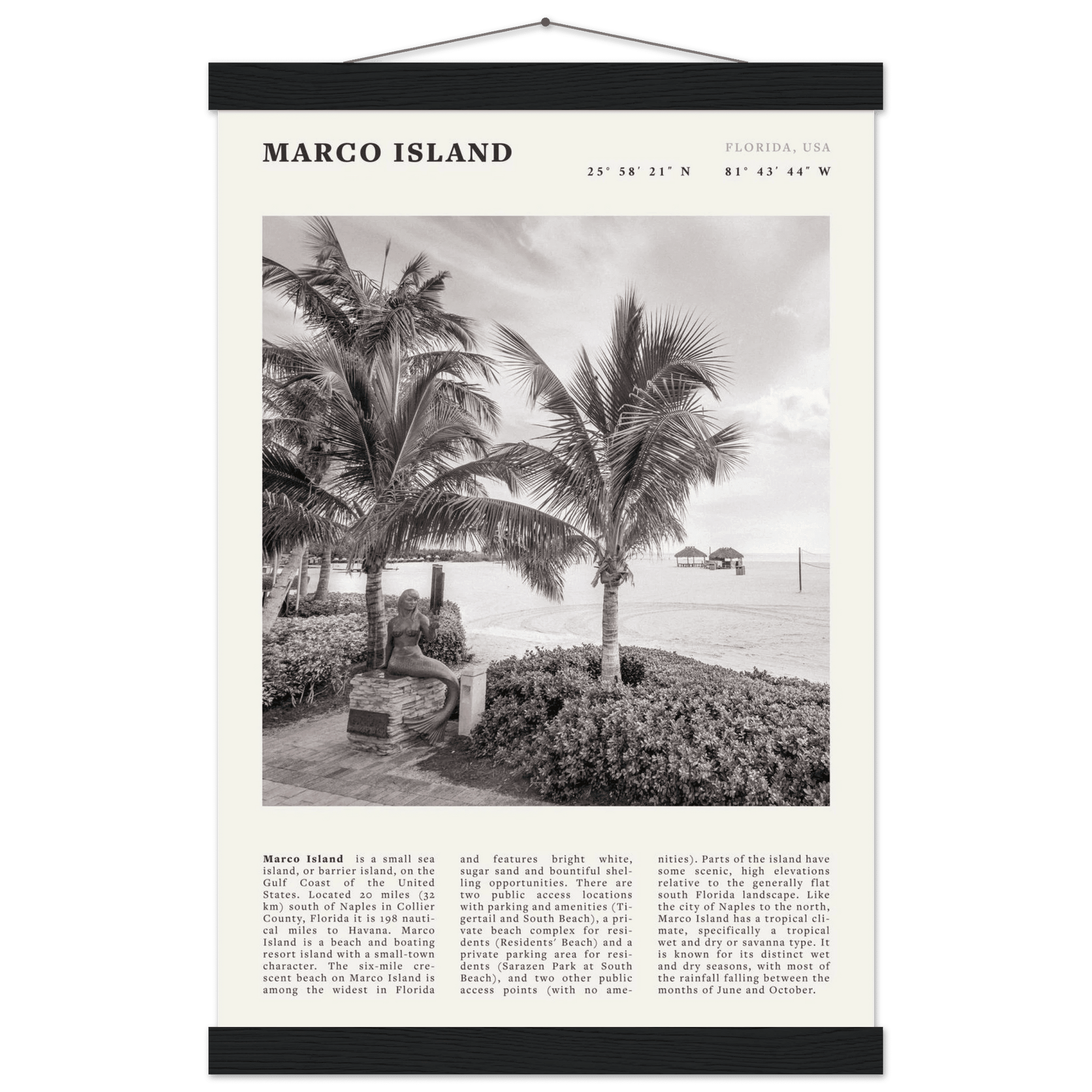 Marco Island Poster | Black & White Florida Beach Wall Art | Coastal Travel Print - Evergreen Posters