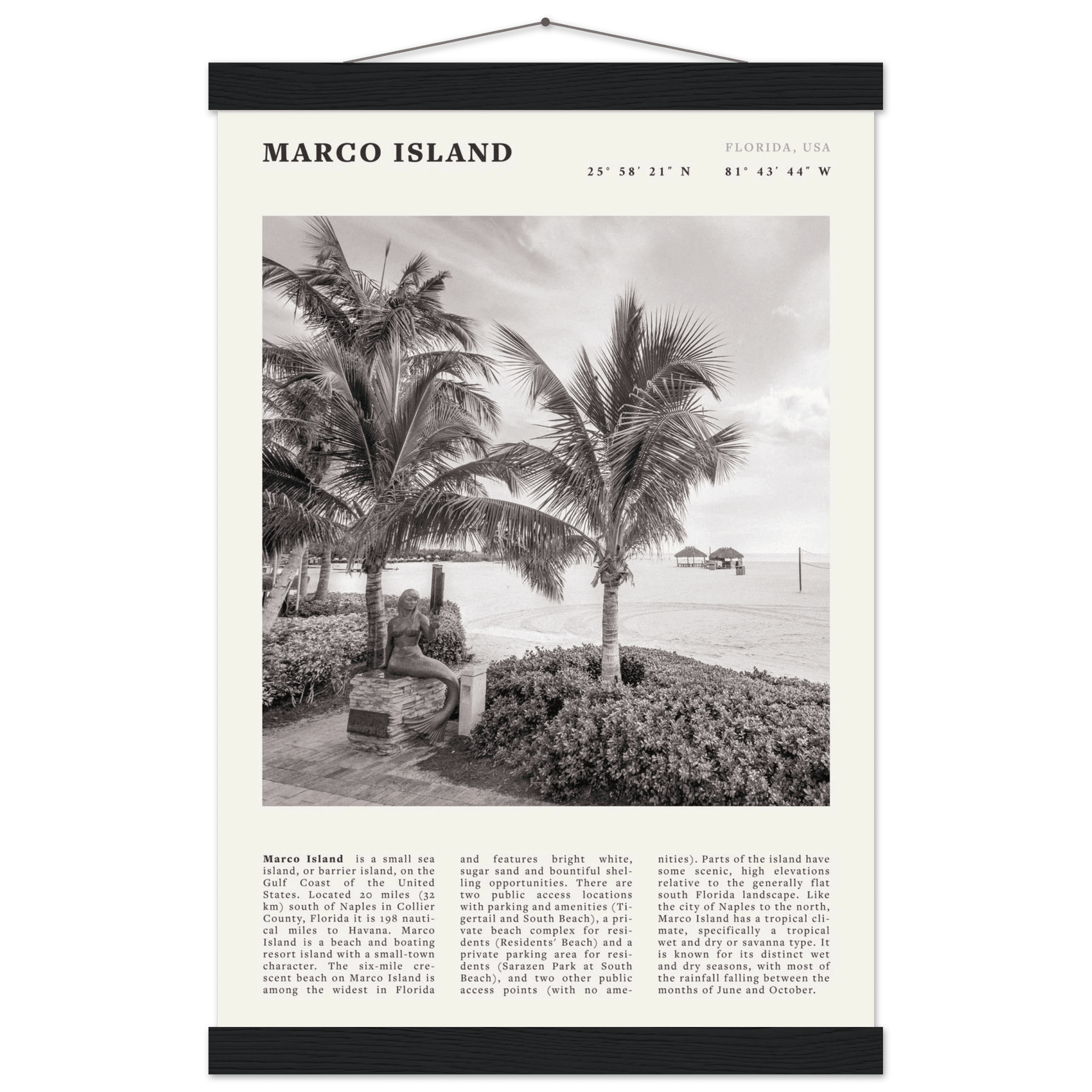 Marco Island Poster | Black & White Florida Beach Wall Art | Coastal Travel Print - Evergreen Posters