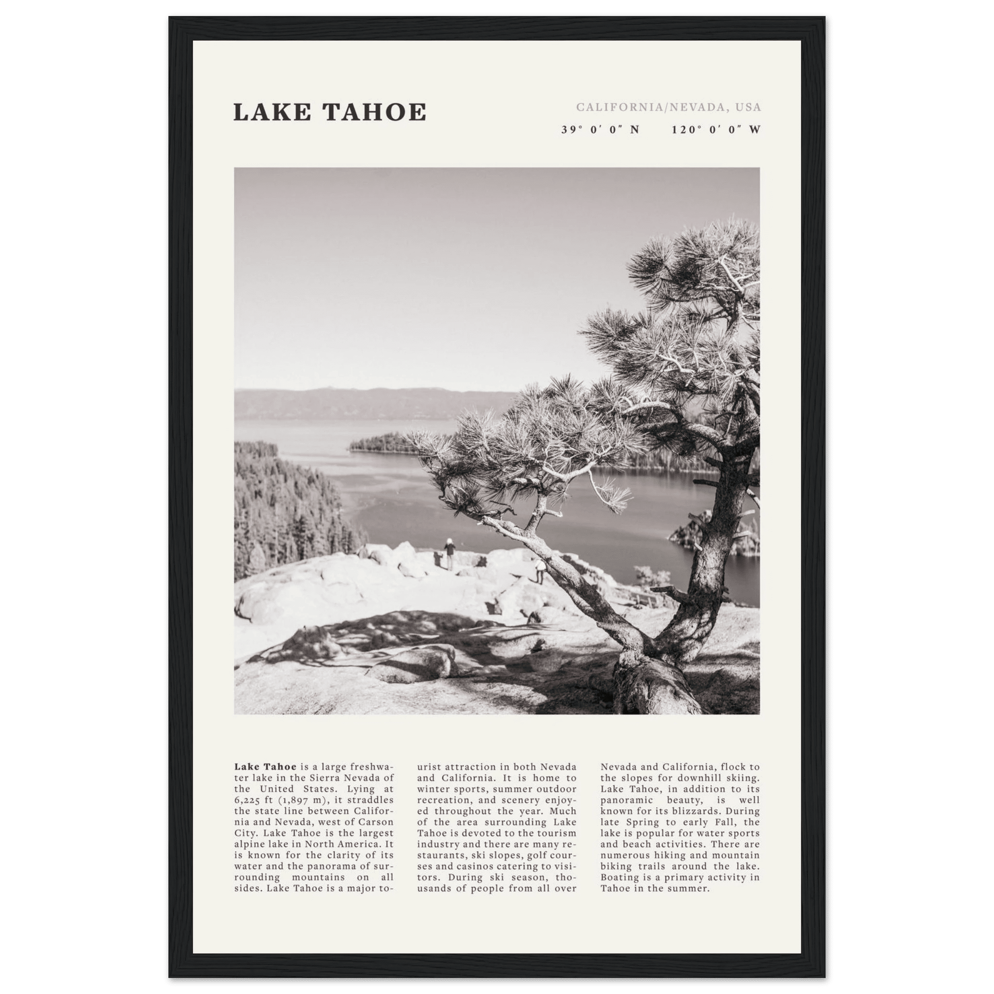 Lake Tahoe Poster | Black & White California Nevada Wall Art | Nature Travel Print Decor - Evergreen Posters