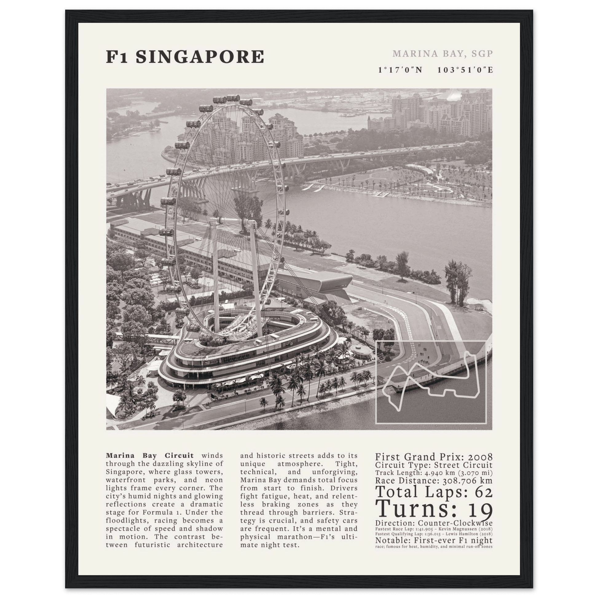 F1 Singapore Poster Black and White – Vintage Marina Bay Night Race Print (Digital & Printed Options) - Evergreen Posters