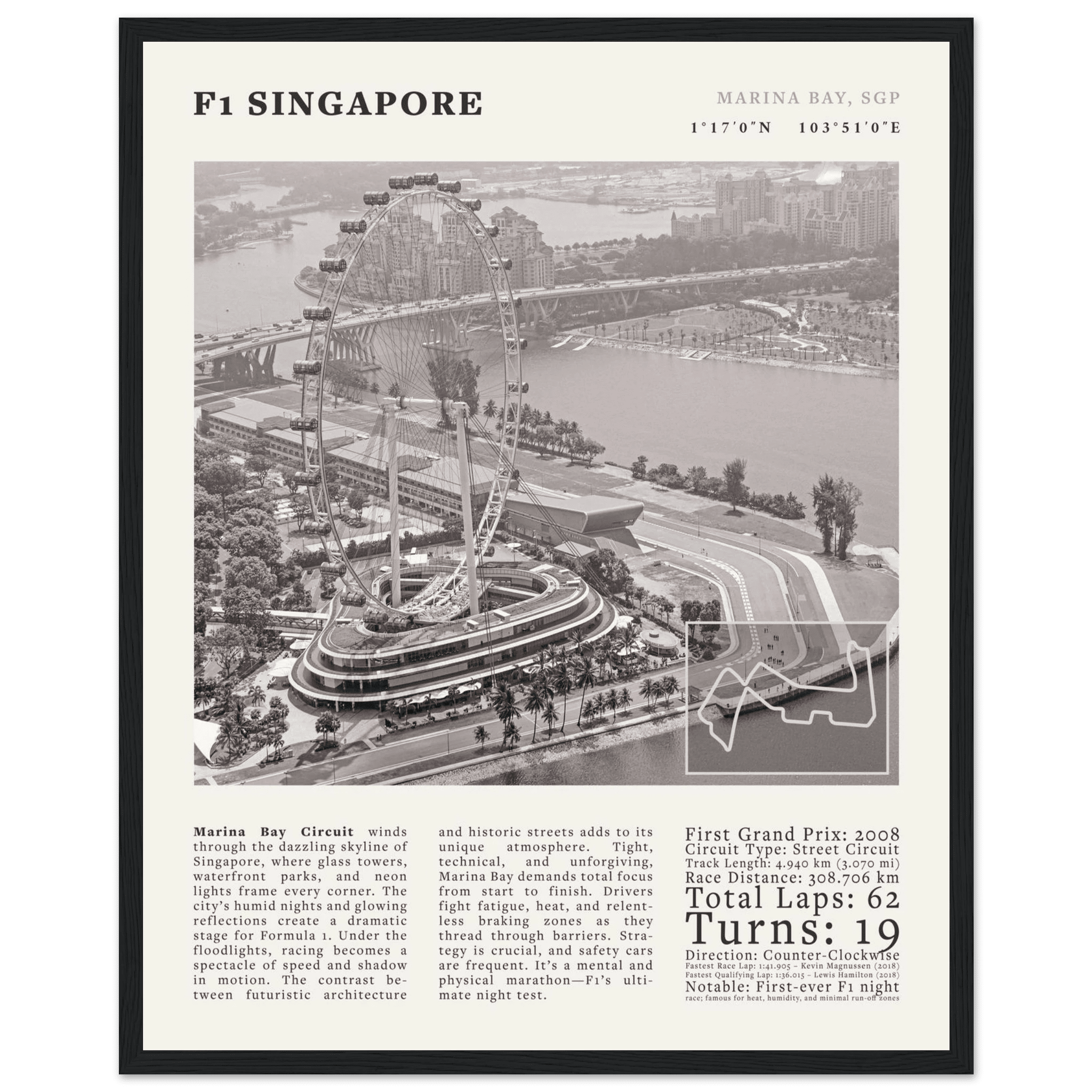 F1 Singapore Poster Black and White – Vintage Marina Bay Night Race Print (Digital & Printed Options) - Evergreen Posters