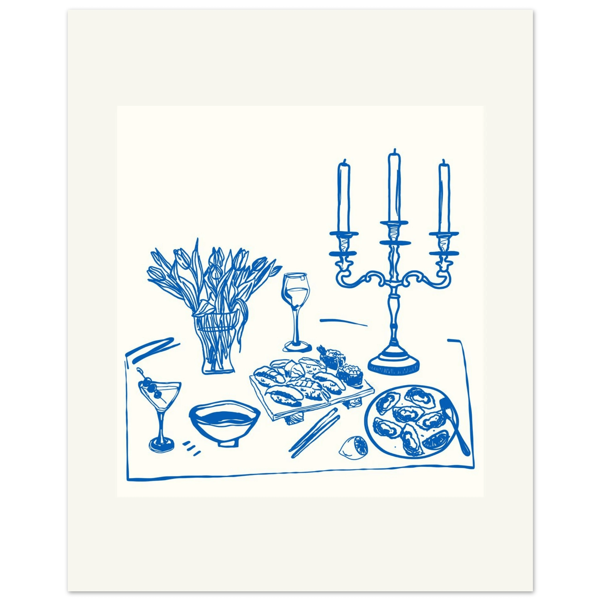 Fine Dining Table Print | Blue Line Art Kitchen Wall Art | Elegant Dining Room Poster - Evergreen Posters