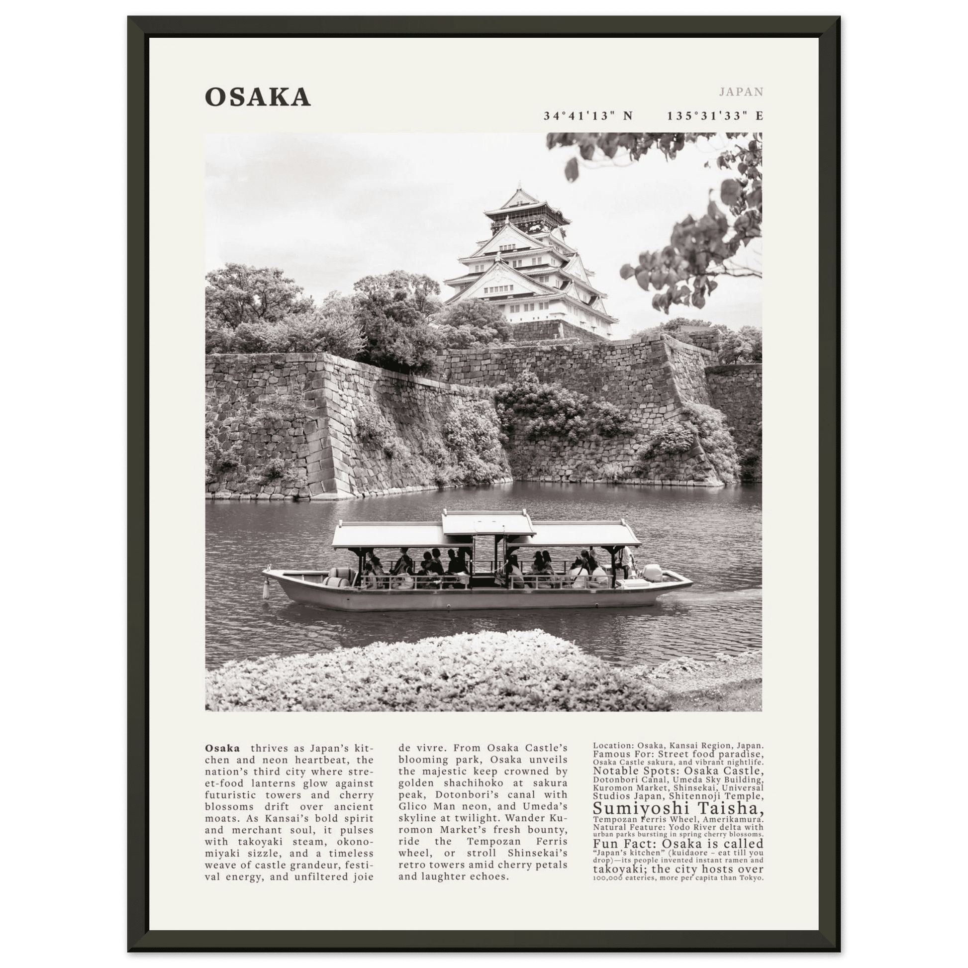 Osaka Poster Black and White – Vintage Osaka Castle Cherry Blossom Print (Digital & Printed Options) - Evergreen Posters