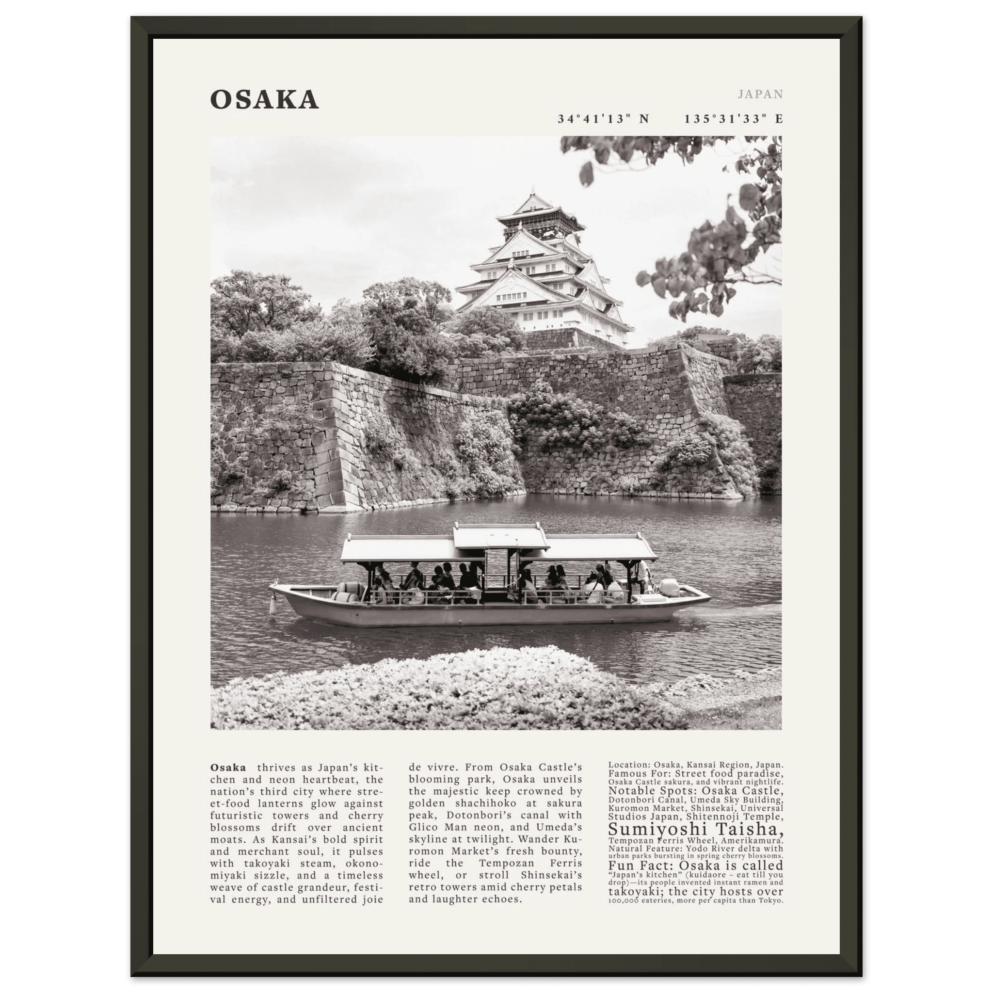 Osaka Poster Black and White – Vintage Osaka Castle Cherry Blossom Print (Digital & Printed Options) - Evergreen Posters