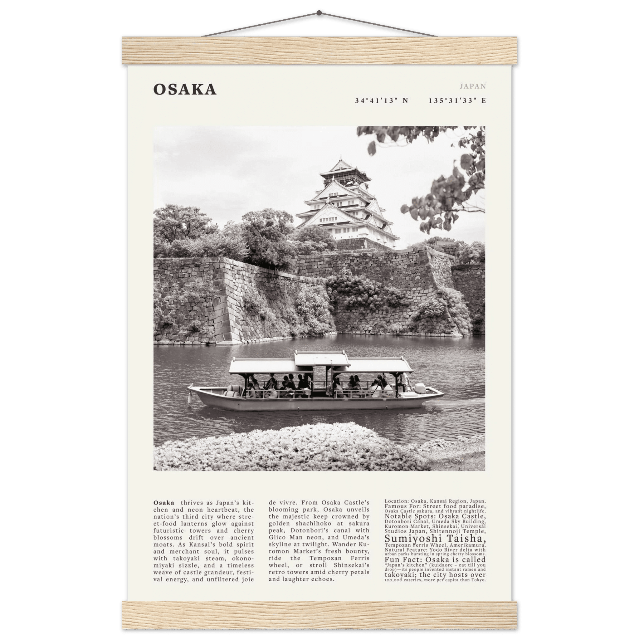 Osaka Poster Black and White – Vintage Osaka Castle Cherry Blossom Print (Digital & Printed Options) - Evergreen Posters