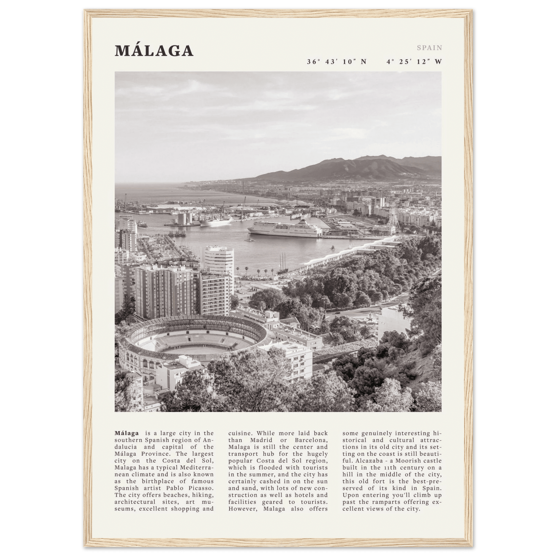 Málaga Poster | Black & White Costa del Sol Wall Art | Spain Travel Print - Evergreen Posters