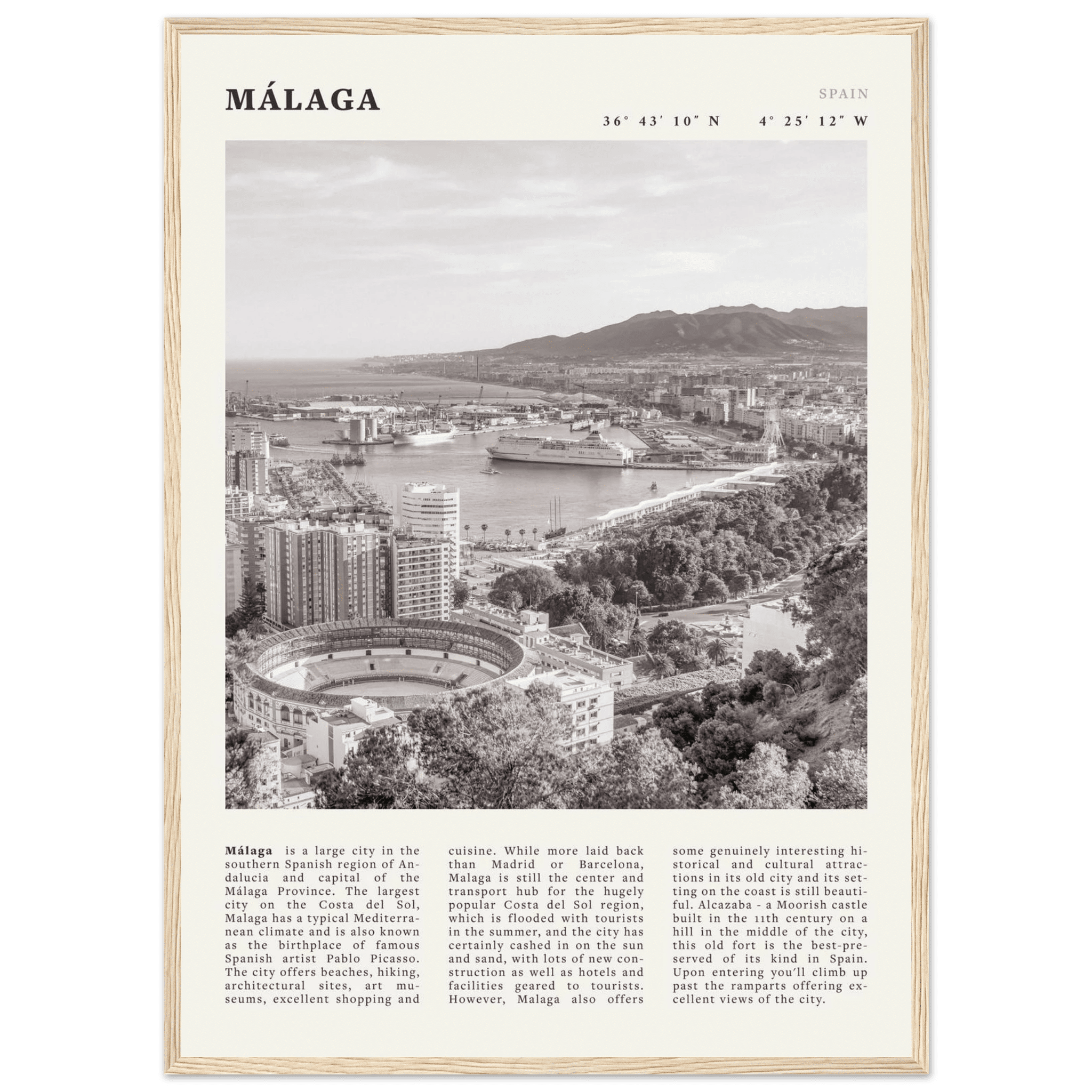 Málaga Poster | Black & White Costa del Sol Wall Art | Spain Travel Print - Evergreen Posters