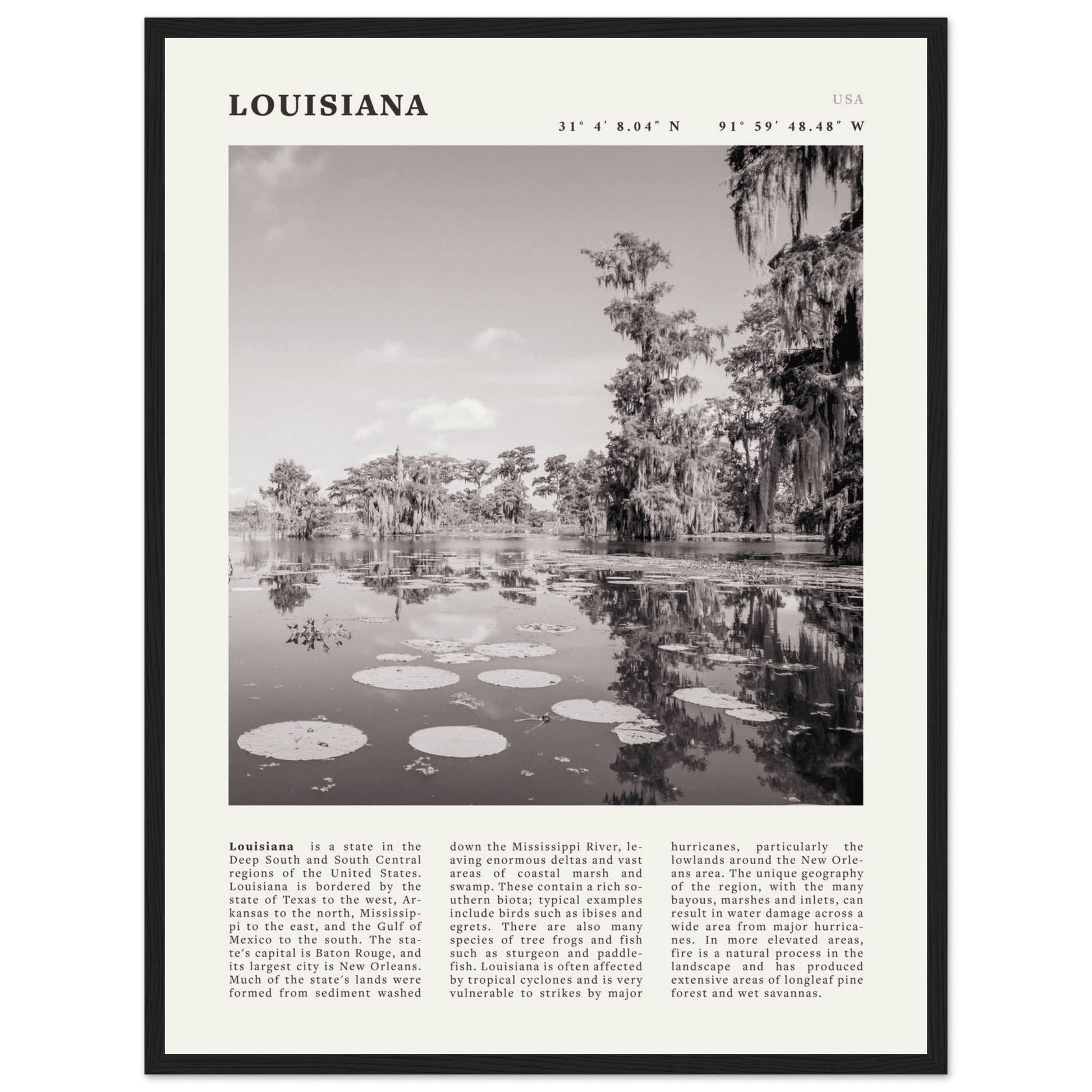 Louisiana Poster | Black & White Bayou Wall Art | Southern USA Travel Print Decor - Evergreen Posters