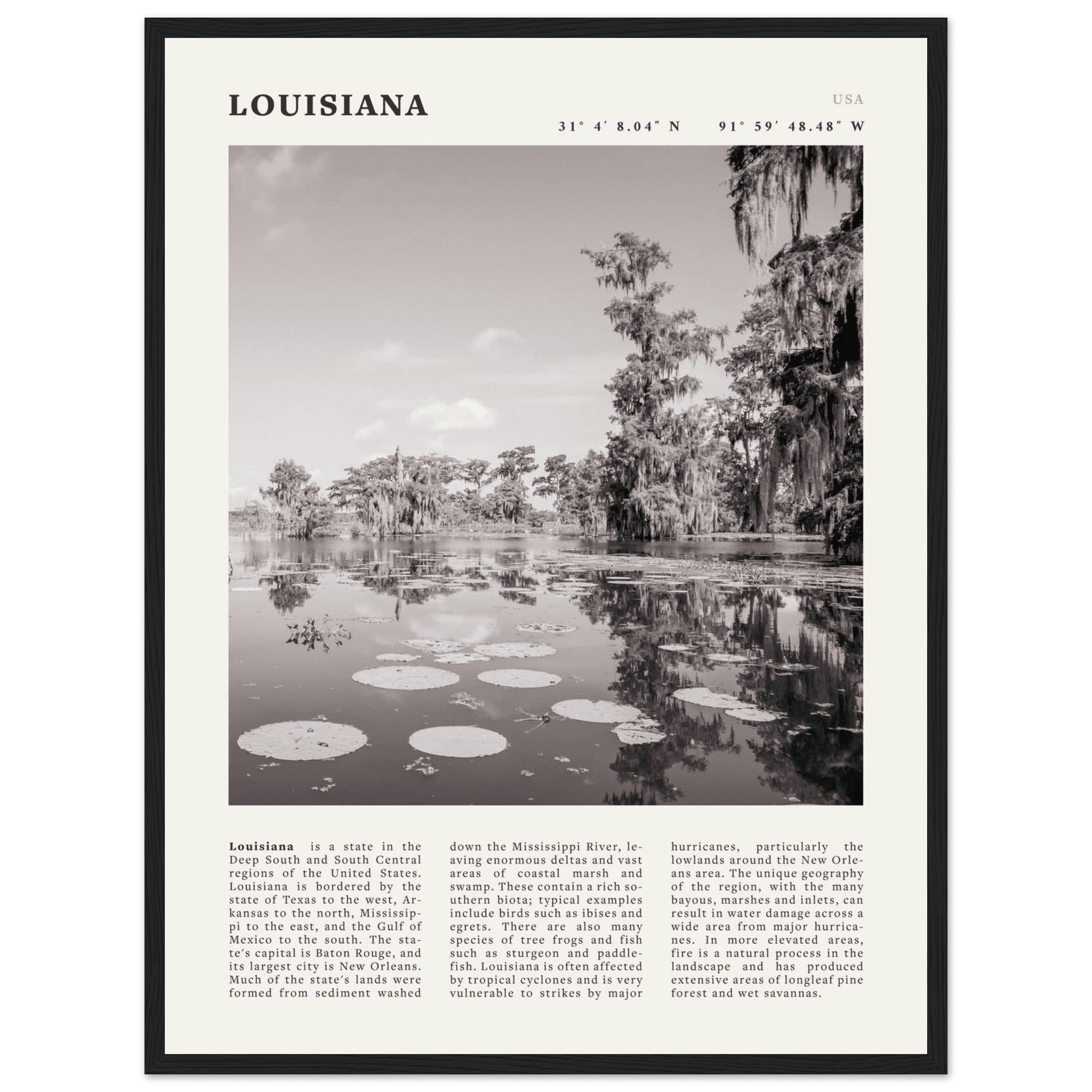Louisiana Poster | Black & White Bayou Wall Art | Southern USA Travel Print Decor - Evergreen Posters