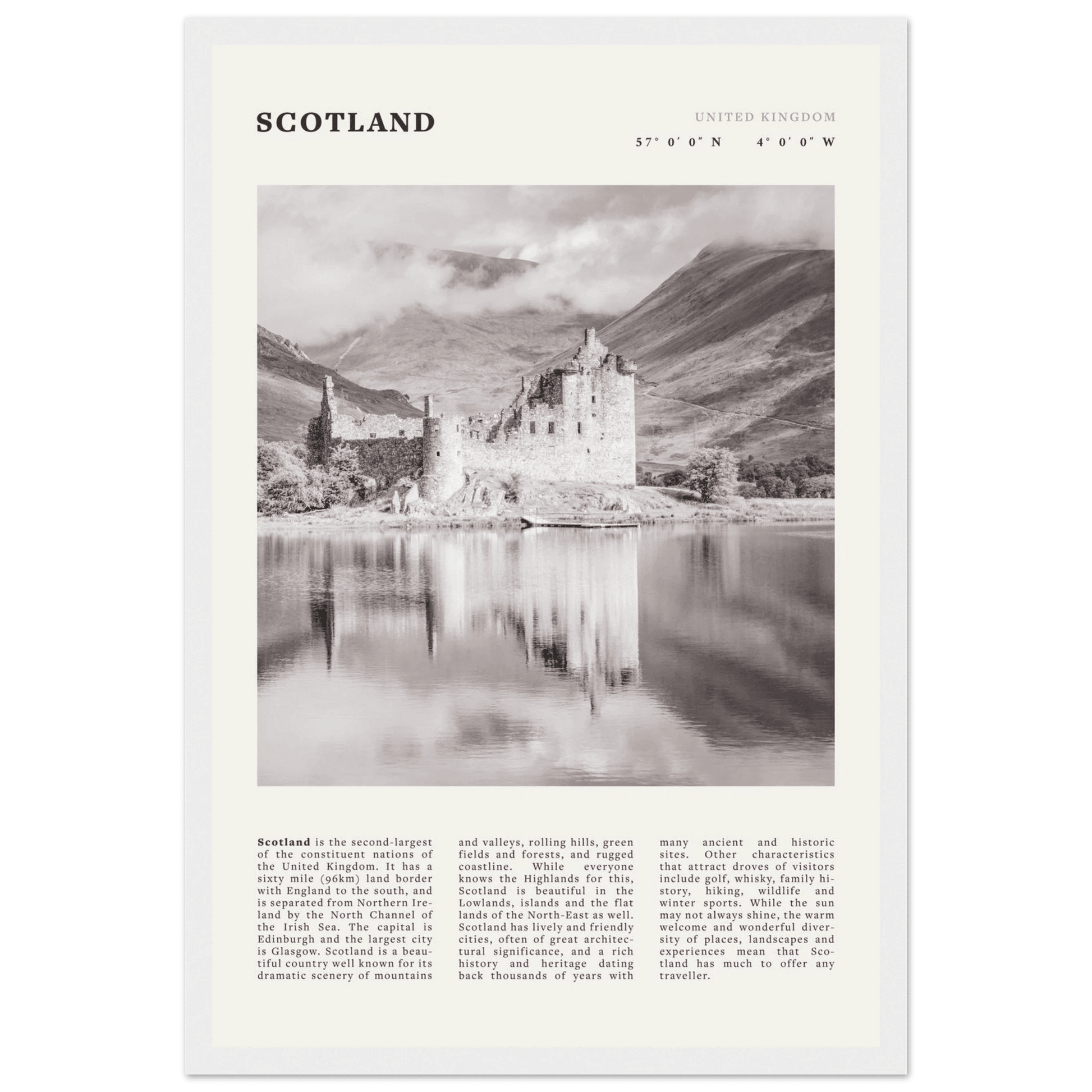 Scotland Poster | Black & White Highland Castle Wall Art | UK Travel Print Decor - Evergreen Posters