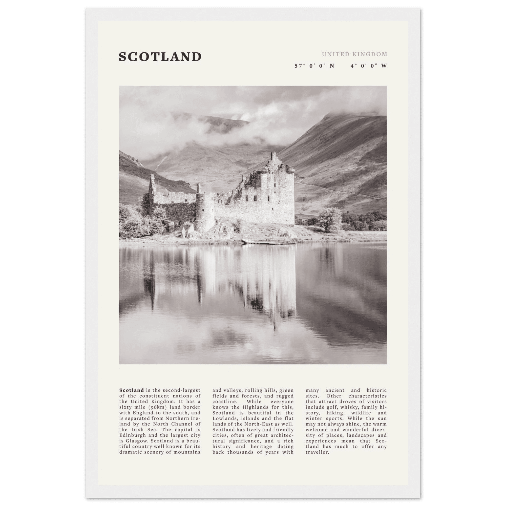 Scotland Poster | Black & White Highland Castle Wall Art | UK Travel Print Decor - Evergreen Posters