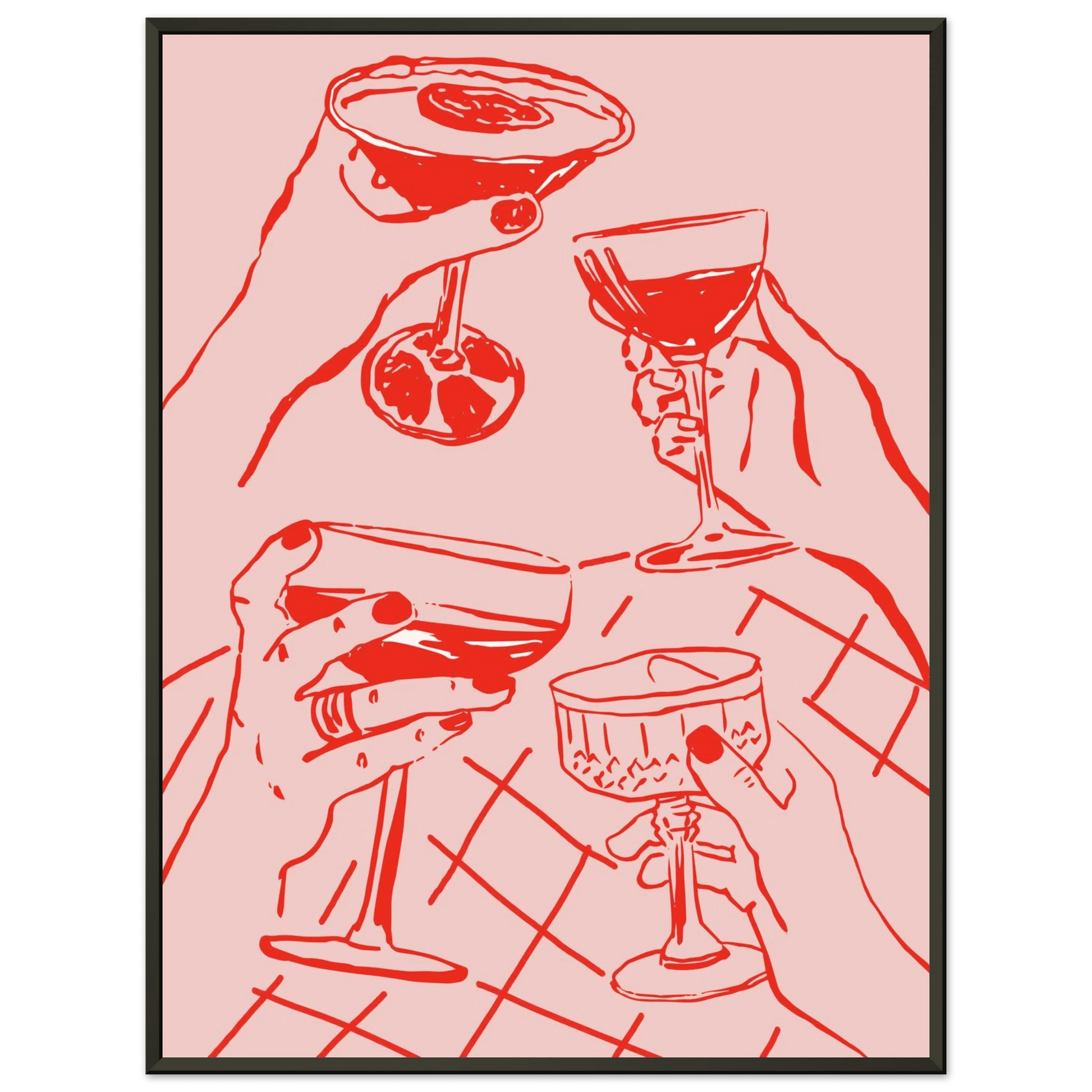 Cheers Print | Red & Pink Cocktail Glasses Wall Art | Kitchen Bar Poster - Evergreen Posters