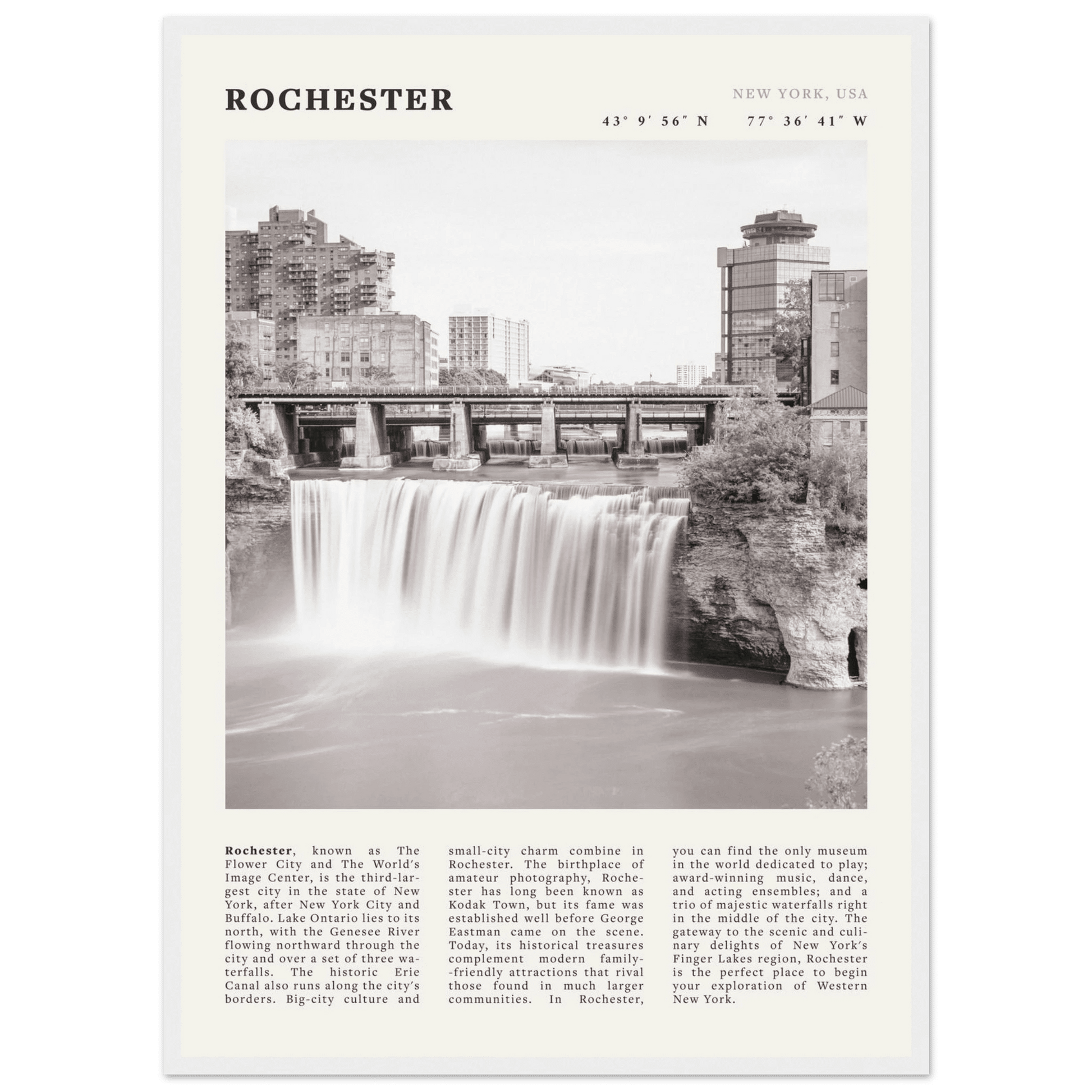 Rochester Poster | Black & White High Falls Wall Art | New York Travel Print - Evergreen Posters
