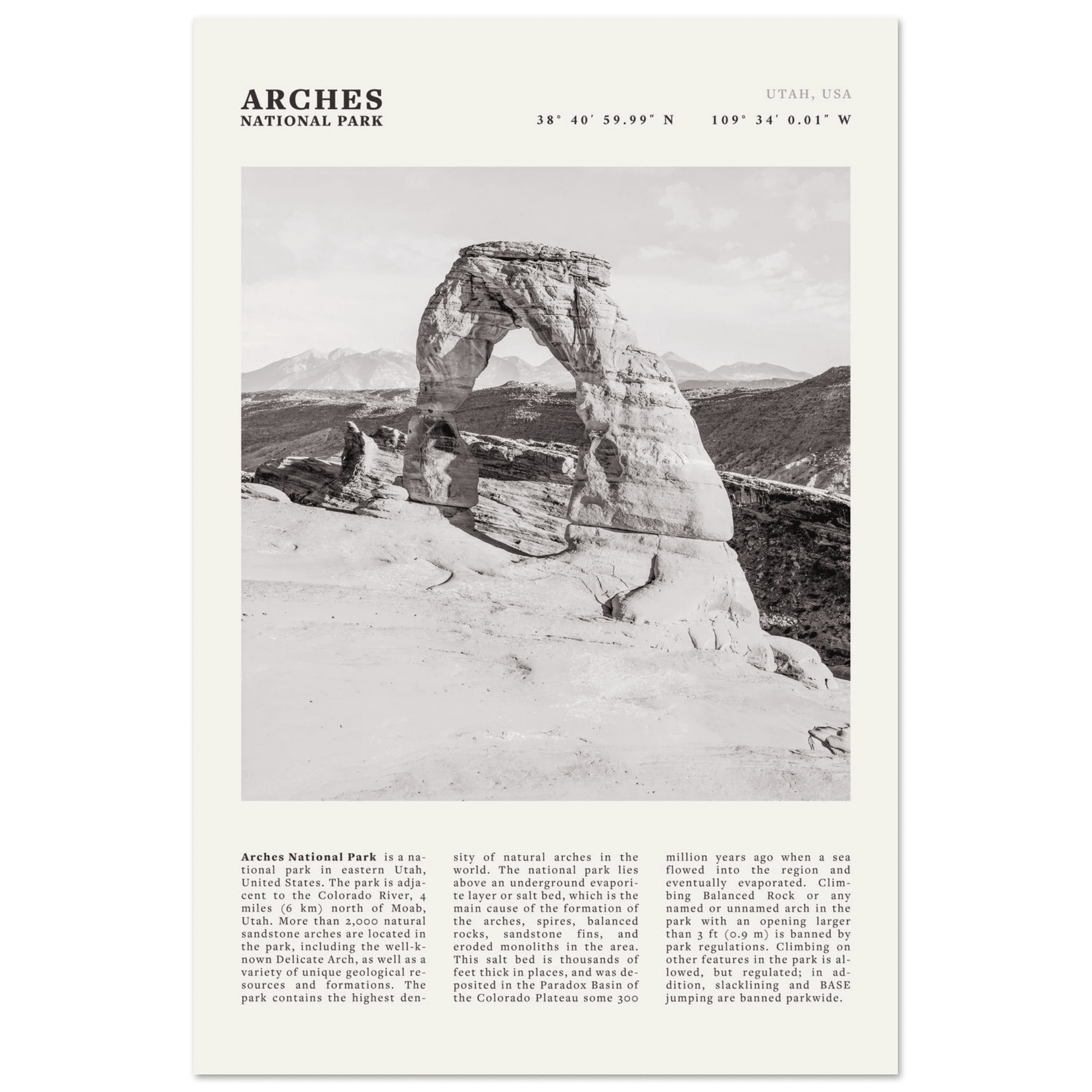 Arches National Park Poster | Black & White Utah Wall Art | Delicate Arch Print - Evergreen Posters
