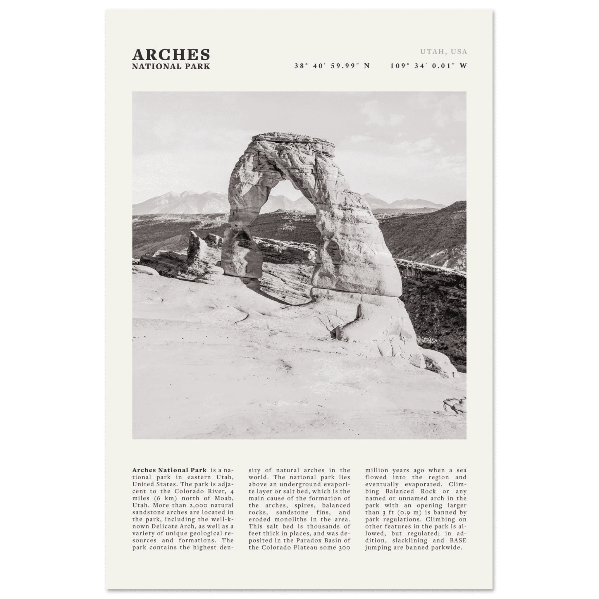Arches National Park Poster | Black & White Utah Wall Art | Delicate Arch Print - Evergreen Posters