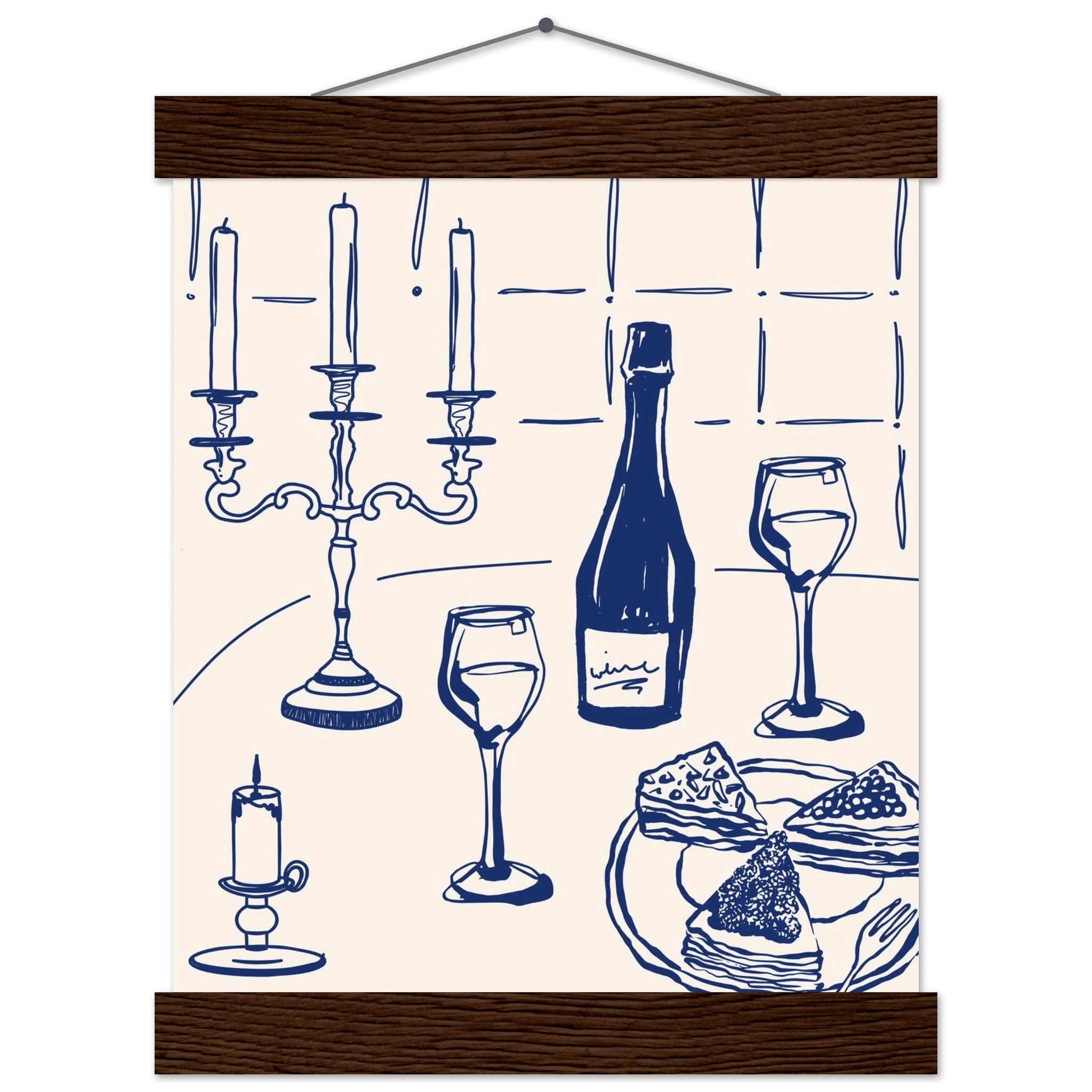 Candlelight Dinner Print | Navy Blue Wine & Candelabra Line Art | Kitchen Poster - Evergreen Posters