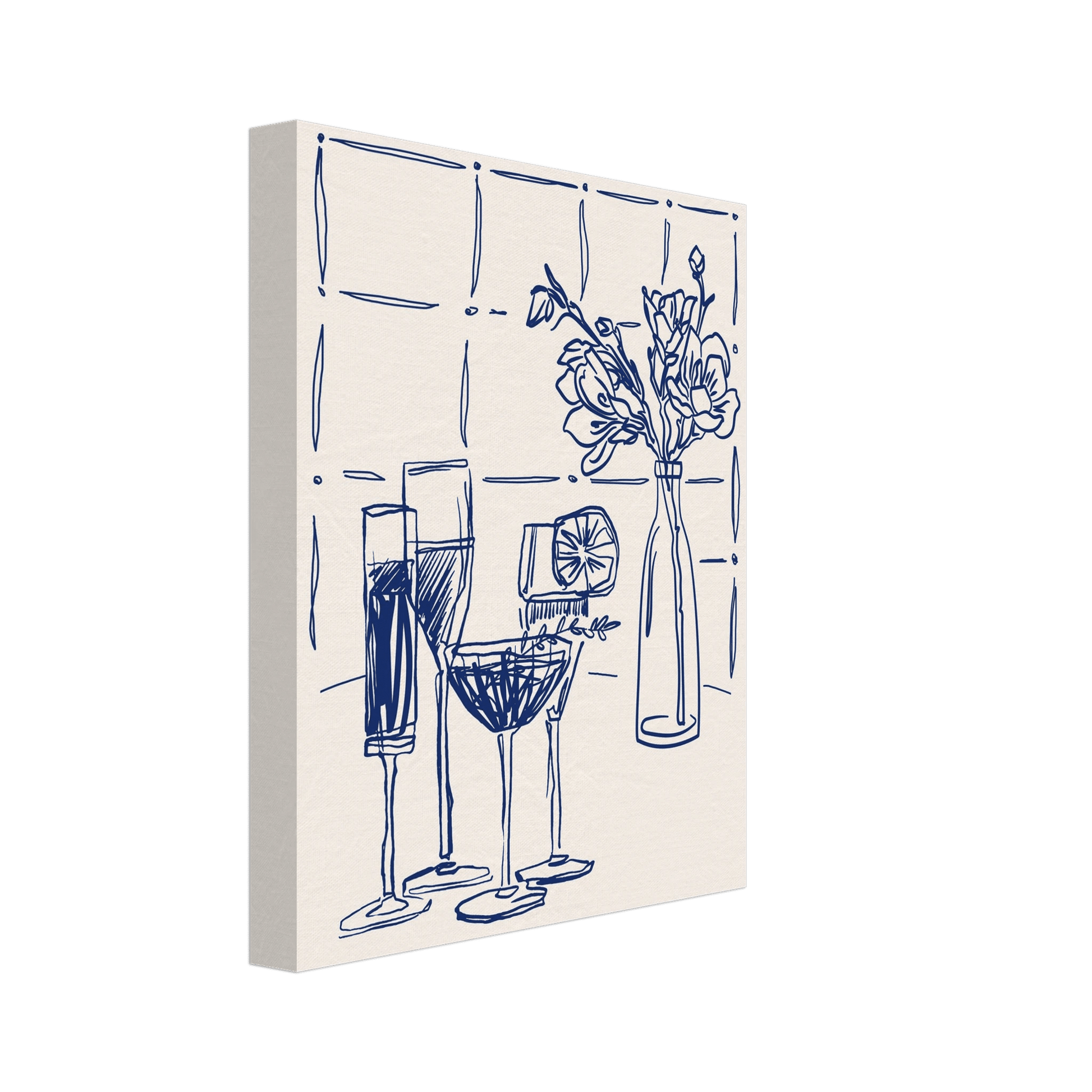 Cocktails & Flowers Print | Navy Blue Line Art Drinks Wall Art | Kitchen Bar Poster - Evergreen Posters