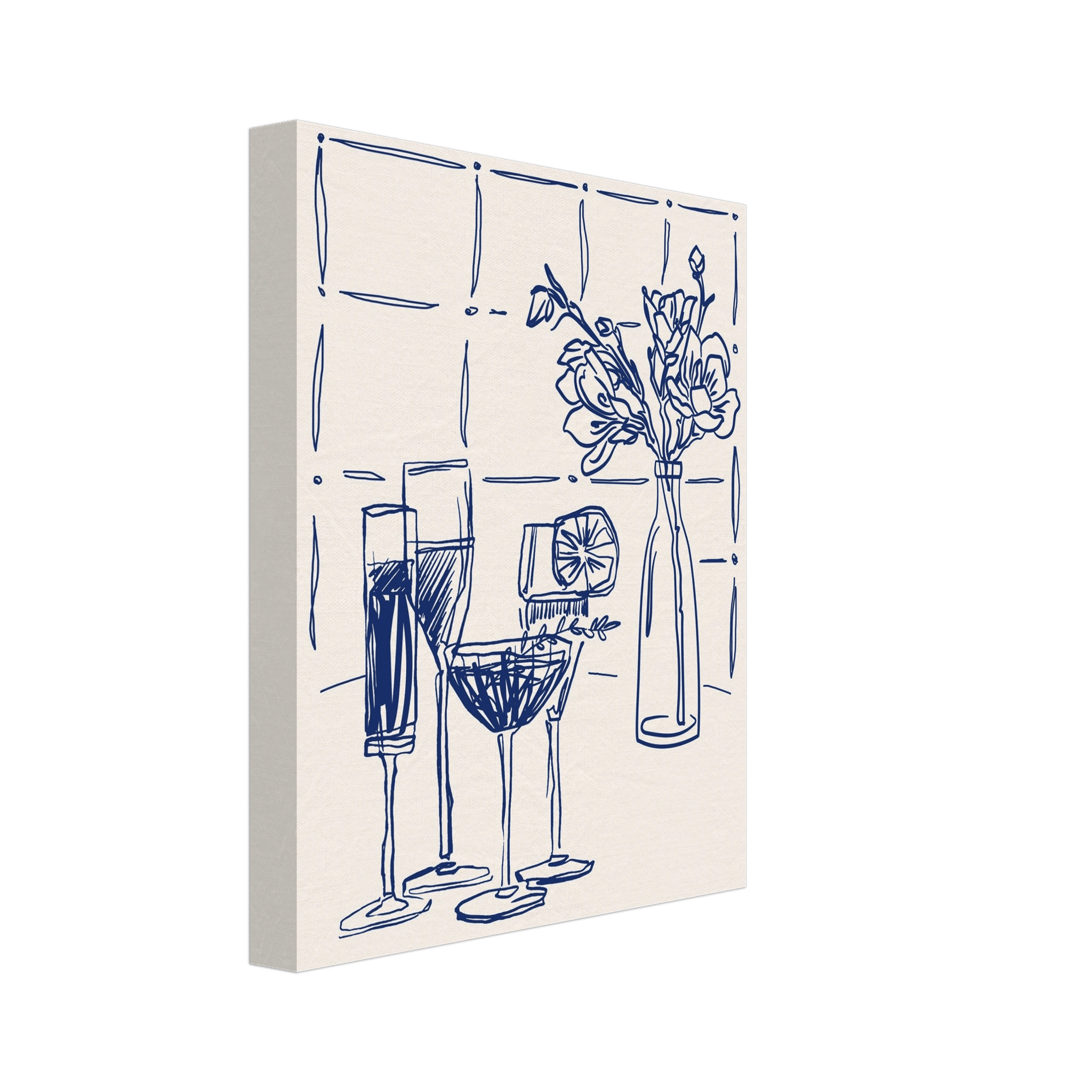 Cocktails & Flowers Print | Navy Blue Line Art Drinks Wall Art | Kitchen Bar Poster - Evergreen Posters
