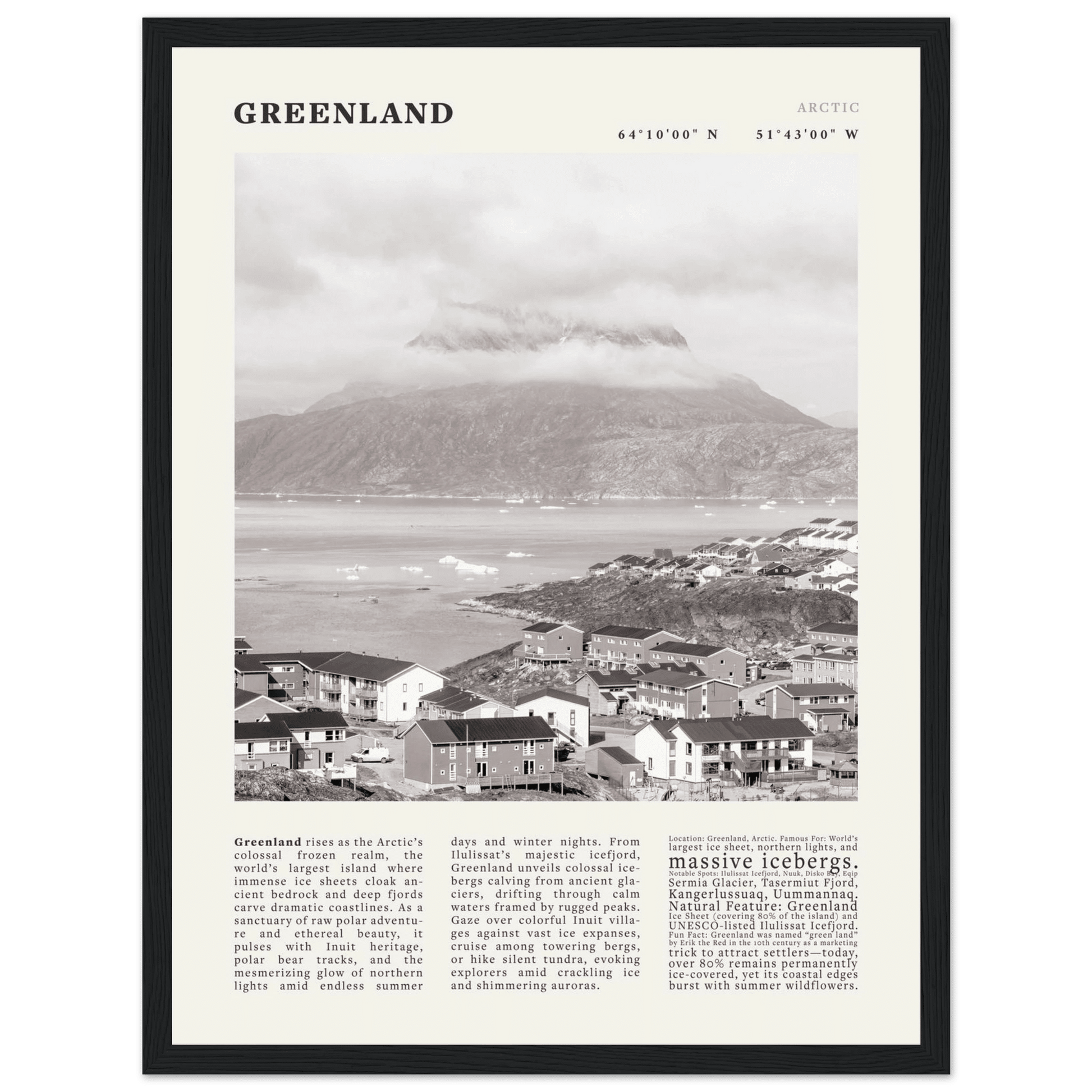 Greenland Poster Black and White – Vintage Arctic Fjord Landscape Print (Digital & Printed Options) - Evergreen Posters