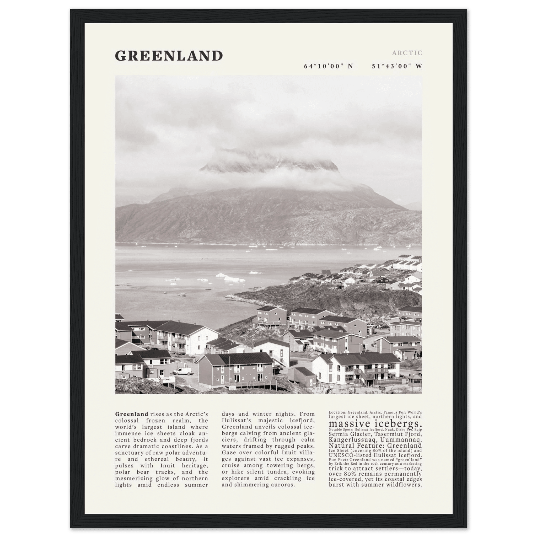 Greenland Poster Black and White – Vintage Arctic Fjord Landscape Print (Digital & Printed Options) - Evergreen Posters