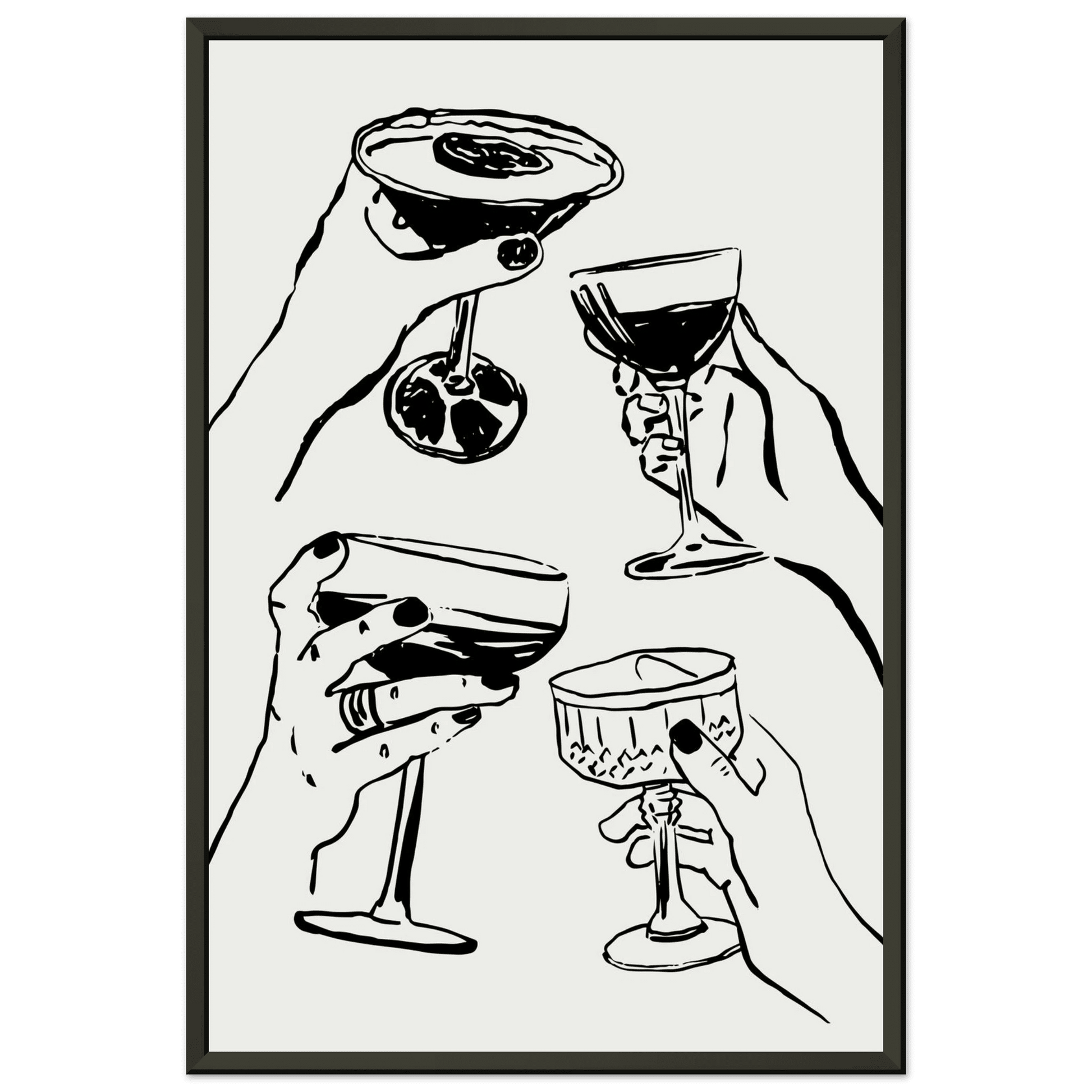 Cheers Print | Black Line Art Cocktail Glasses Wall Art | Kitchen Bar Poster - Evergreen Posters